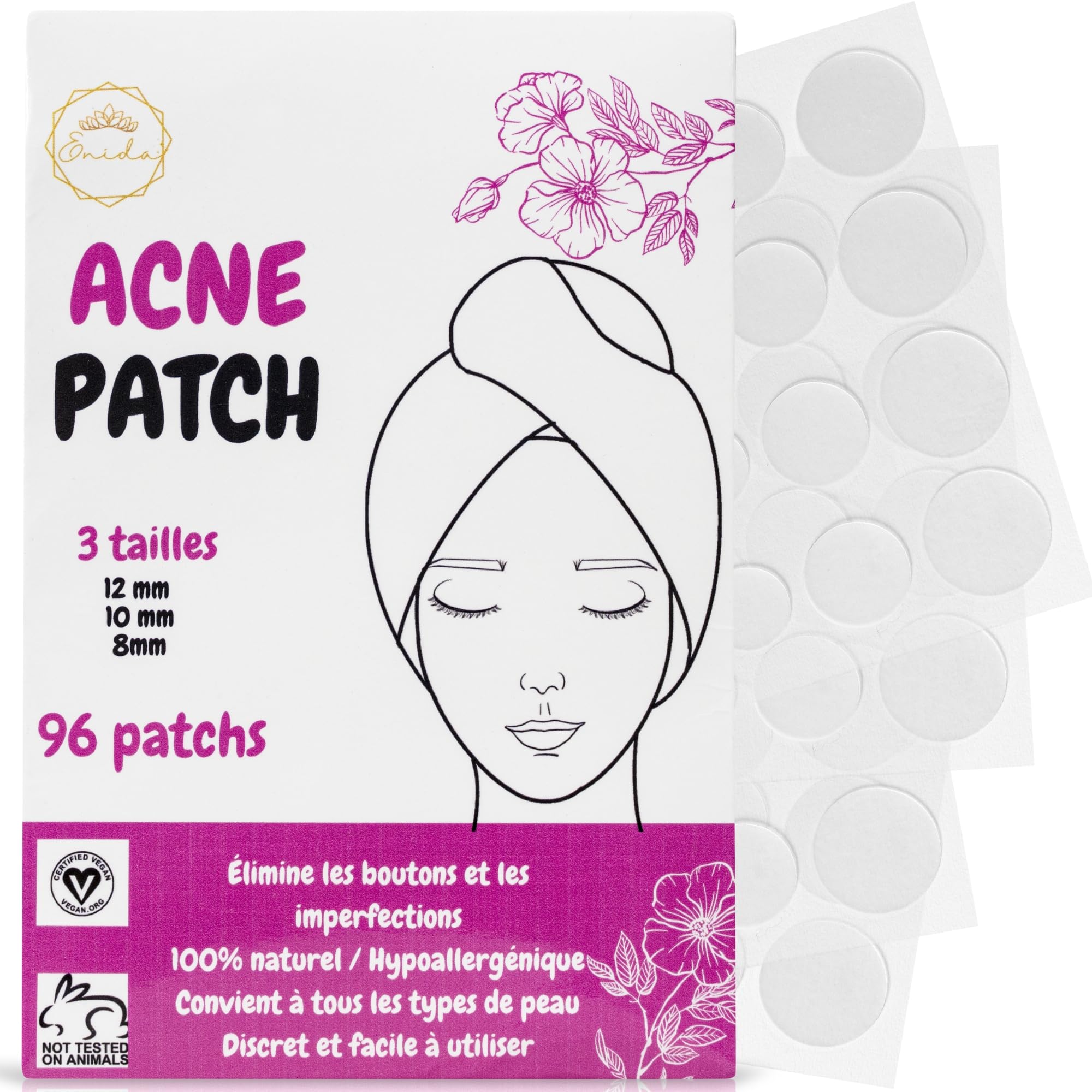 Enida – 96 patch anti-brufoli invisibili | 3 misure | azione mirata in una notte | patch idrocolloidi per acne | Cura viso discreta per adolescenti e adulti, senza profumo + eBook di bellezza in