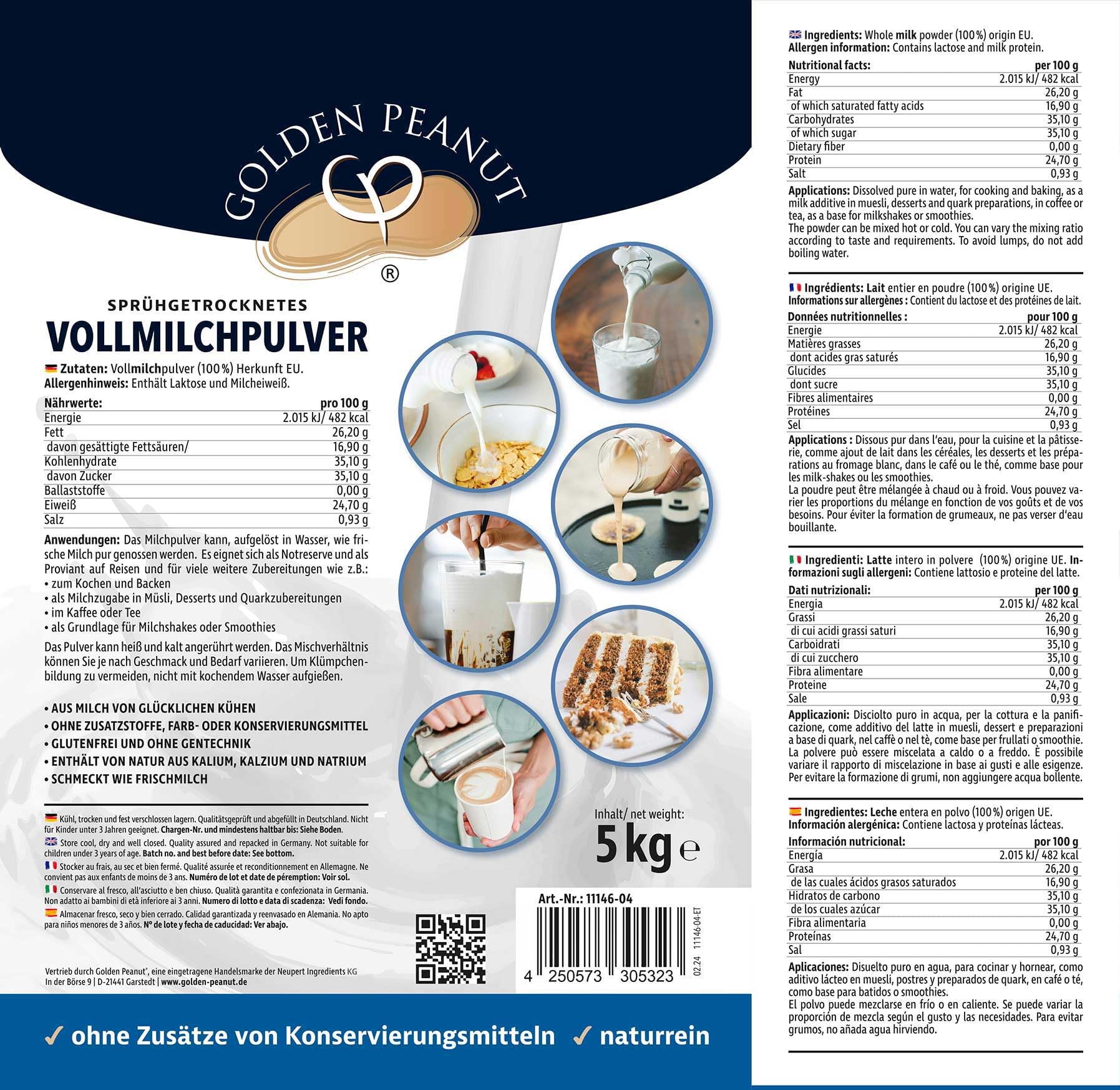 GOLDEN PEANUT Vollmilchpulver sprühgetrocknet 5 kg Milchpulver Backen Eiscreme Krisenvorrat