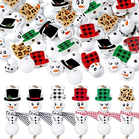 100 Pcs Christmas Wooden Beads - Snowman Santa Penguin Craft Beads For Jewelry Making