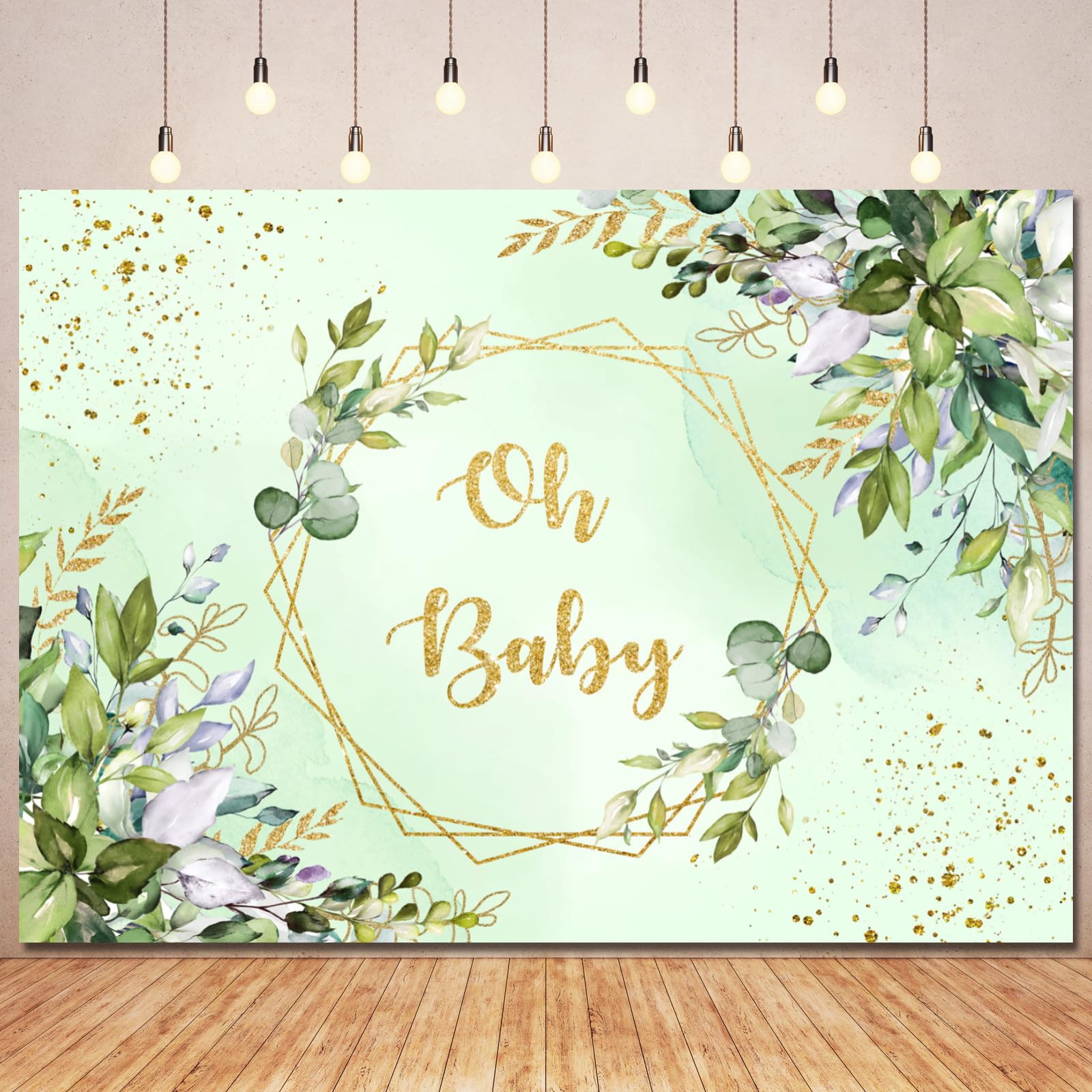 Sage Green Oh Baby Baby Shower Backdrop Banner Decorations for Boy Girl,Greenery Eucalyptus Gold Oh Baby Sign Backdrops Background for Gender Neutral