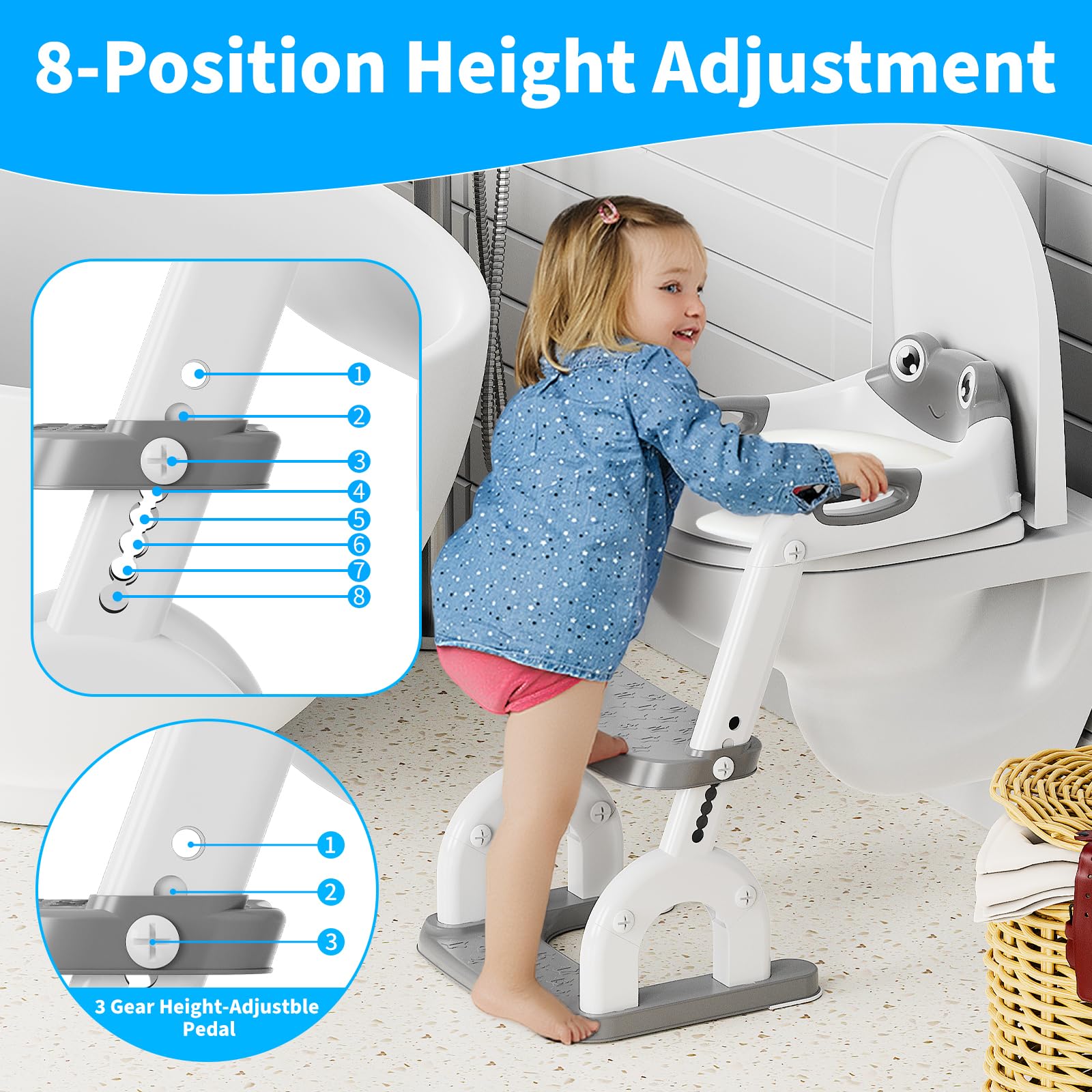 Sedile WC per bambini con scale, regolabile in altezza in 8 posizioni e pedana extra larga, antiscivolo, con vestibilità morbida e paraspruzzi – Sedile WC pieghevole per bambini, motivo rana