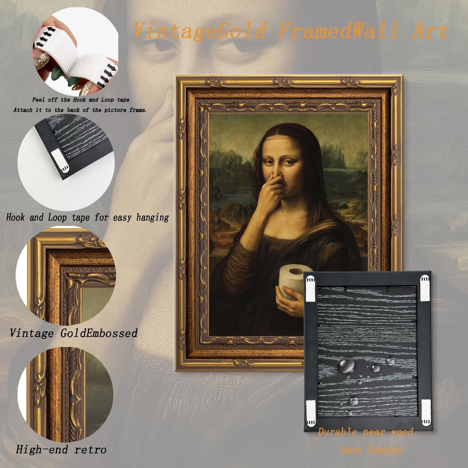 Vintage Gold Carving Framed Mona Lisa Canvas Wall Art Funny Mona Lisa Painting Pictures Wall Decor Humor Amusing Toilet Pinching Nose Poster Prints Artwork for Bathroom Restroom Home Decor 12x16 in