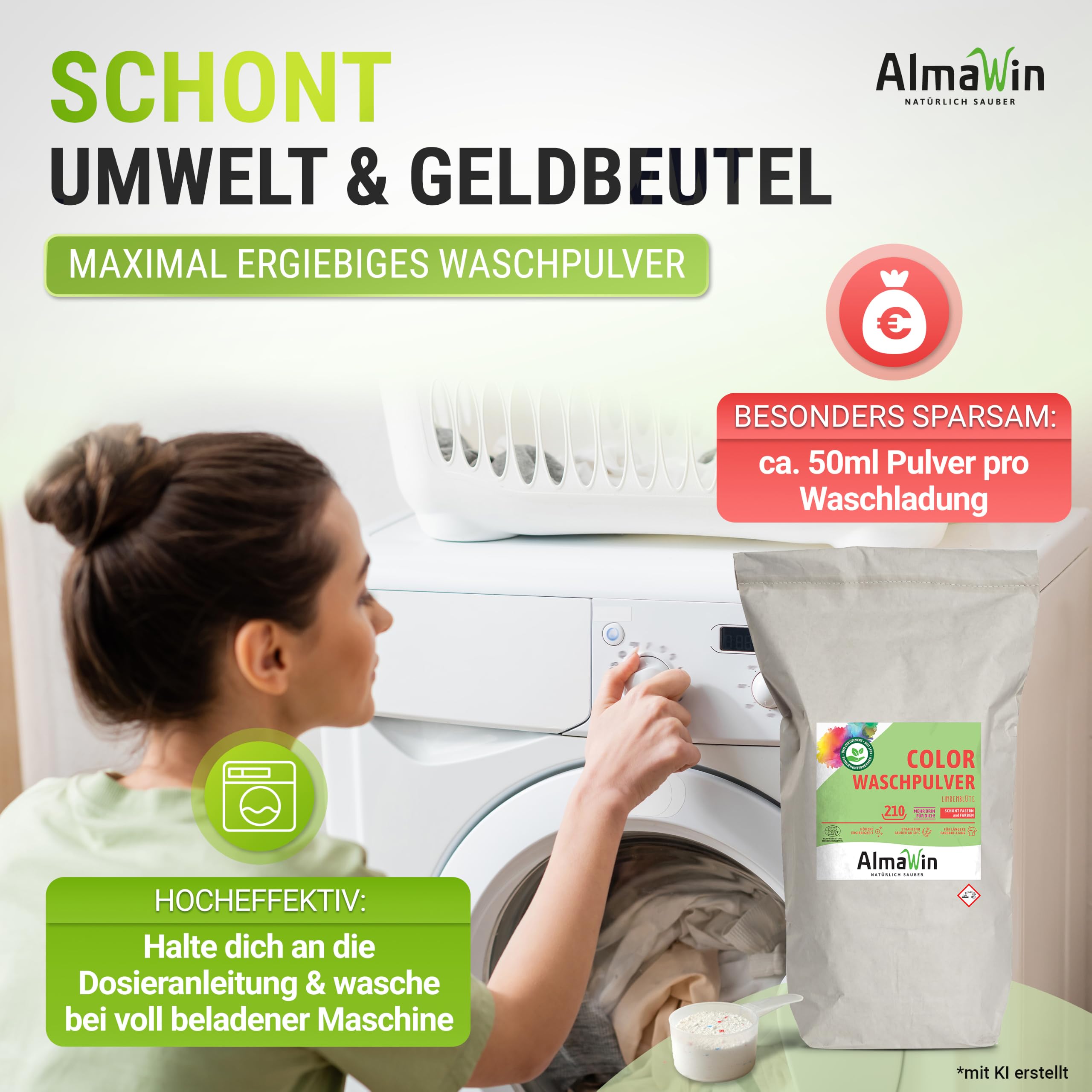 AlmaWin® Color Waschpulver [10kg - 210 Ladungen] mit Lindenblüten-Duft für strahlende Reinheit – Öko Waschmittel Pulver Color anwendbar für 30-60°C – Veganes Bunt-Waschpulver