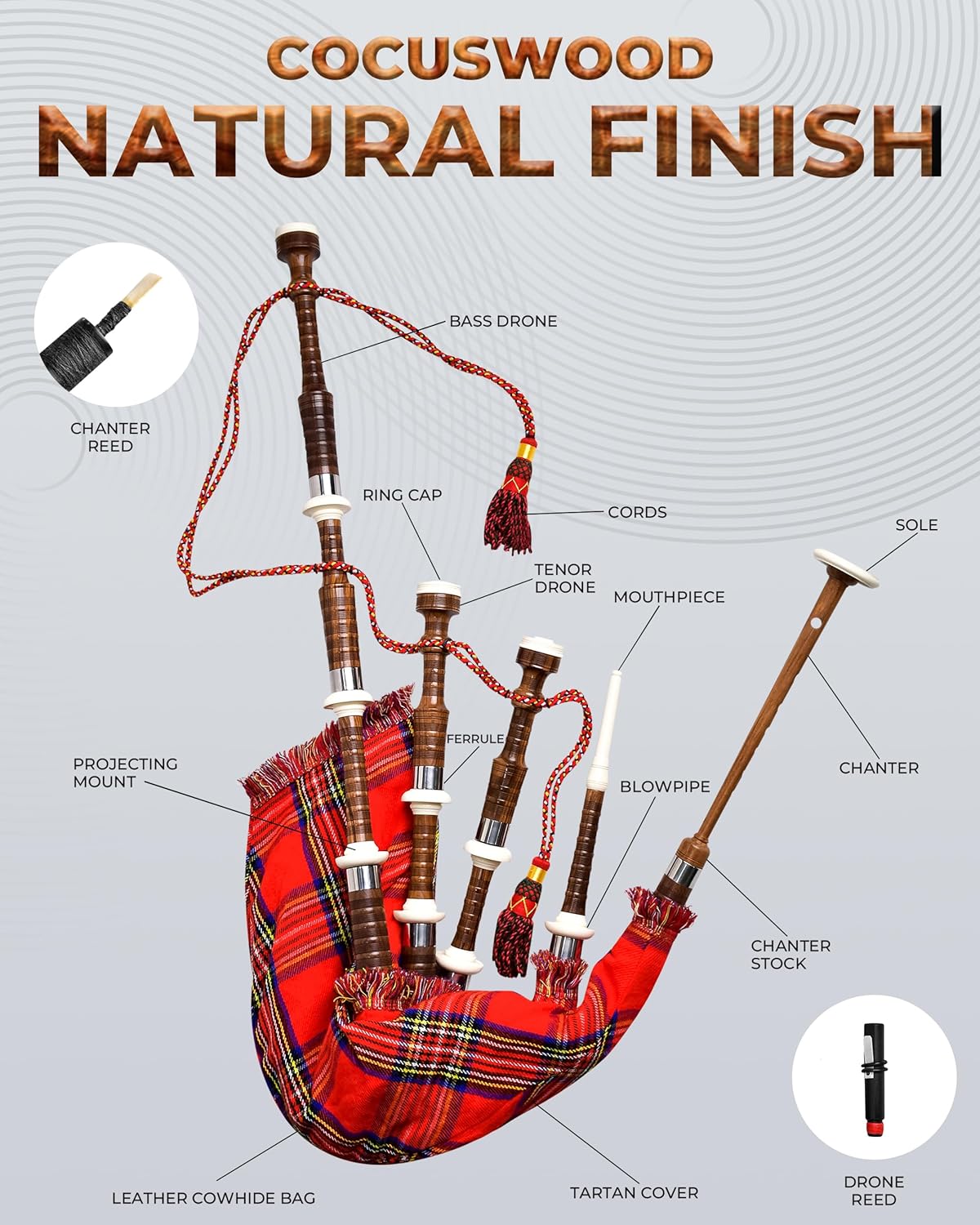 Highland Redstone Scottish Bagpipe – Full Size Cocuswood Bagpipe in Rosewood Finish with Silver Plain Mounts & Free Tutor Book in Various Tartans (Royal Stewart Tartan)