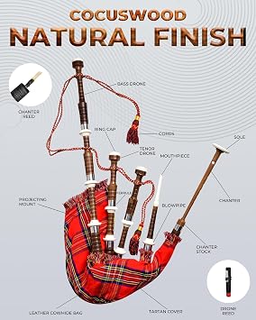 Highland Redstone Scottish Bagpipe – Full Size Cocuswood Bagpipe in Rosewood Finish with Silver Plain Mounts & Free Tutor Book in Various Tartans (Royal Stewart Tartan)