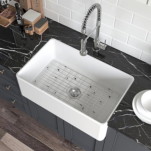 HOROW HRSW Farmhouse - Fregadero de cocina de 30 pulgadas con rejilla inferior y colador, lavabo grande de porcelana de cerámica frontal de