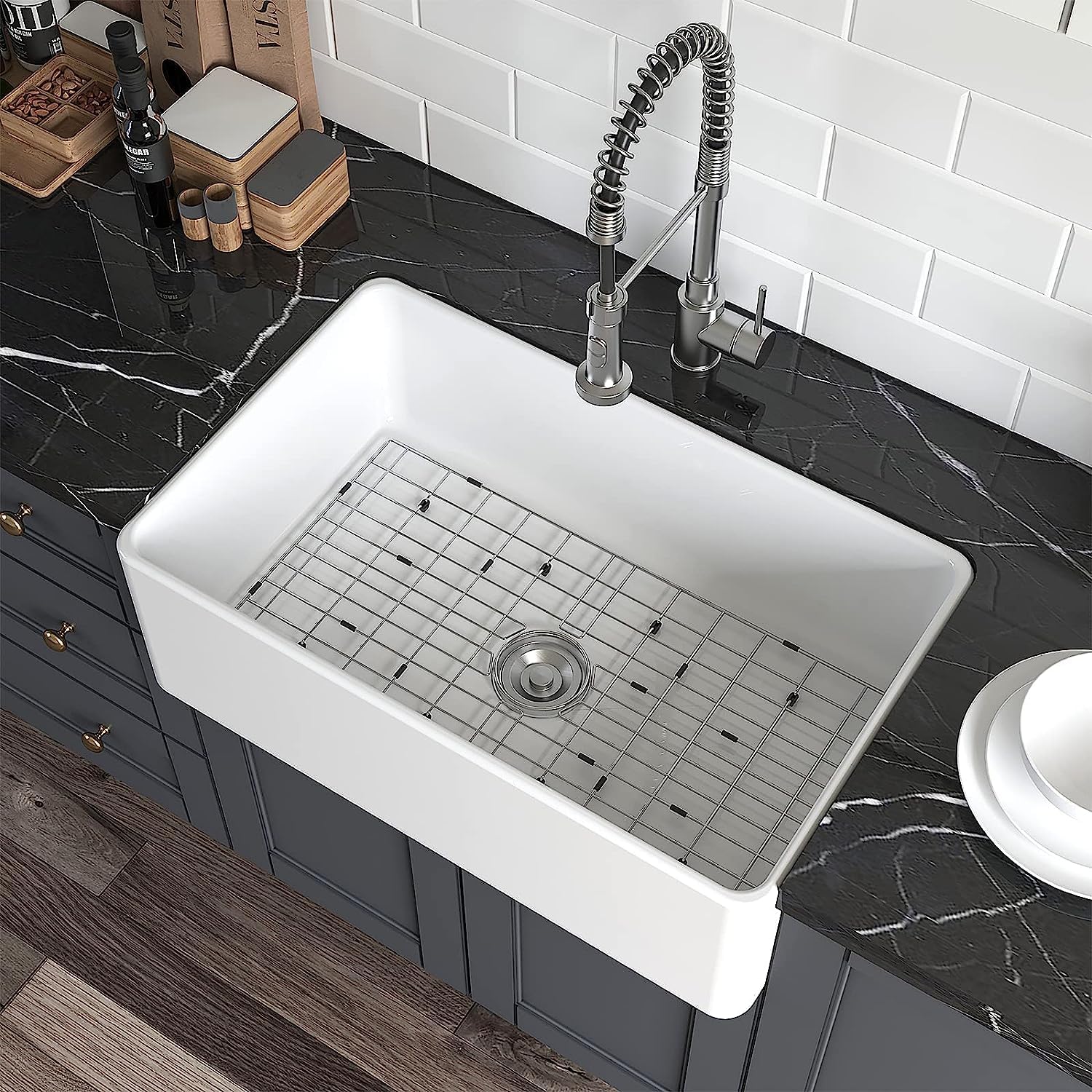 HOROW HRSW - Lavello da cucina a vasca singola da 76,2 cm, con griglia inferiore e colino, grande lavabo in ceramica con grembiule, 45,7 x 76,2 x 25,4 cm, bianco