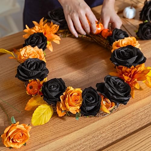 Miniatura 5 de Flores artificiales para decoración de Halloween, decoración de otoño, mezcla de rosas negras de seda falsa para ramo de boda de otoño de Acción de