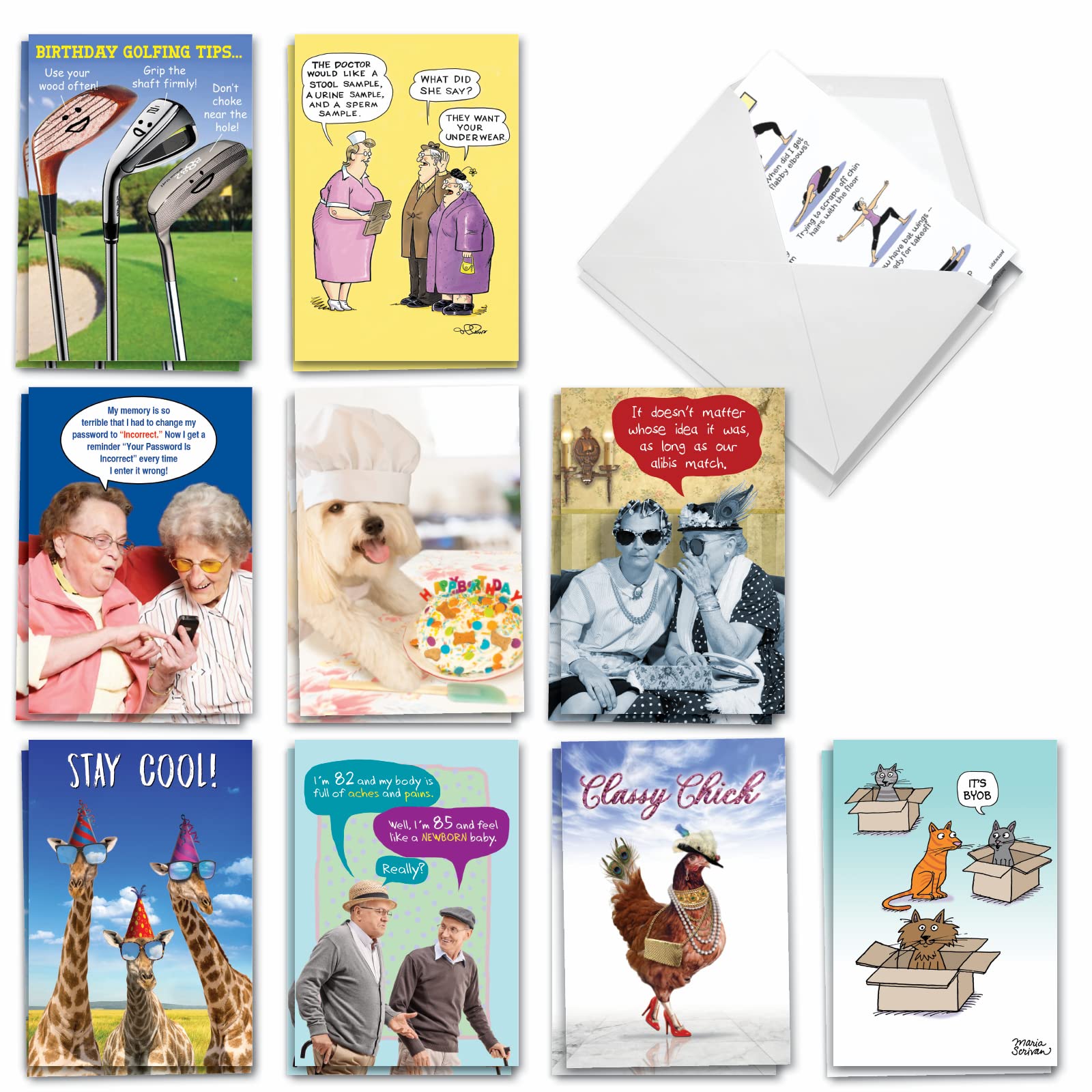 NobleWorks - 20 Funny Box Set Birthday Greeting Cards Variety Bulk Pack w/Envelopes for Men and Women (2 each, 10 Designs) - Birthday Wishes