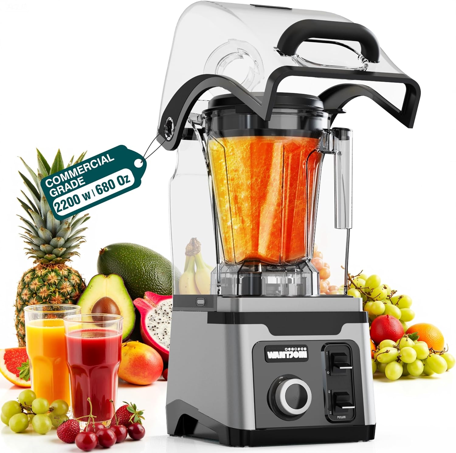 WantJoin Commercial Blender-68Oz Professional Quiet Smoothie Blender with Shield,Ice Crusher for Heavy Duty Restaurant,High Speed Stainless Steel 6-blade, Frozen Fruit/Shakes/Juice/Soup 1500W Silver