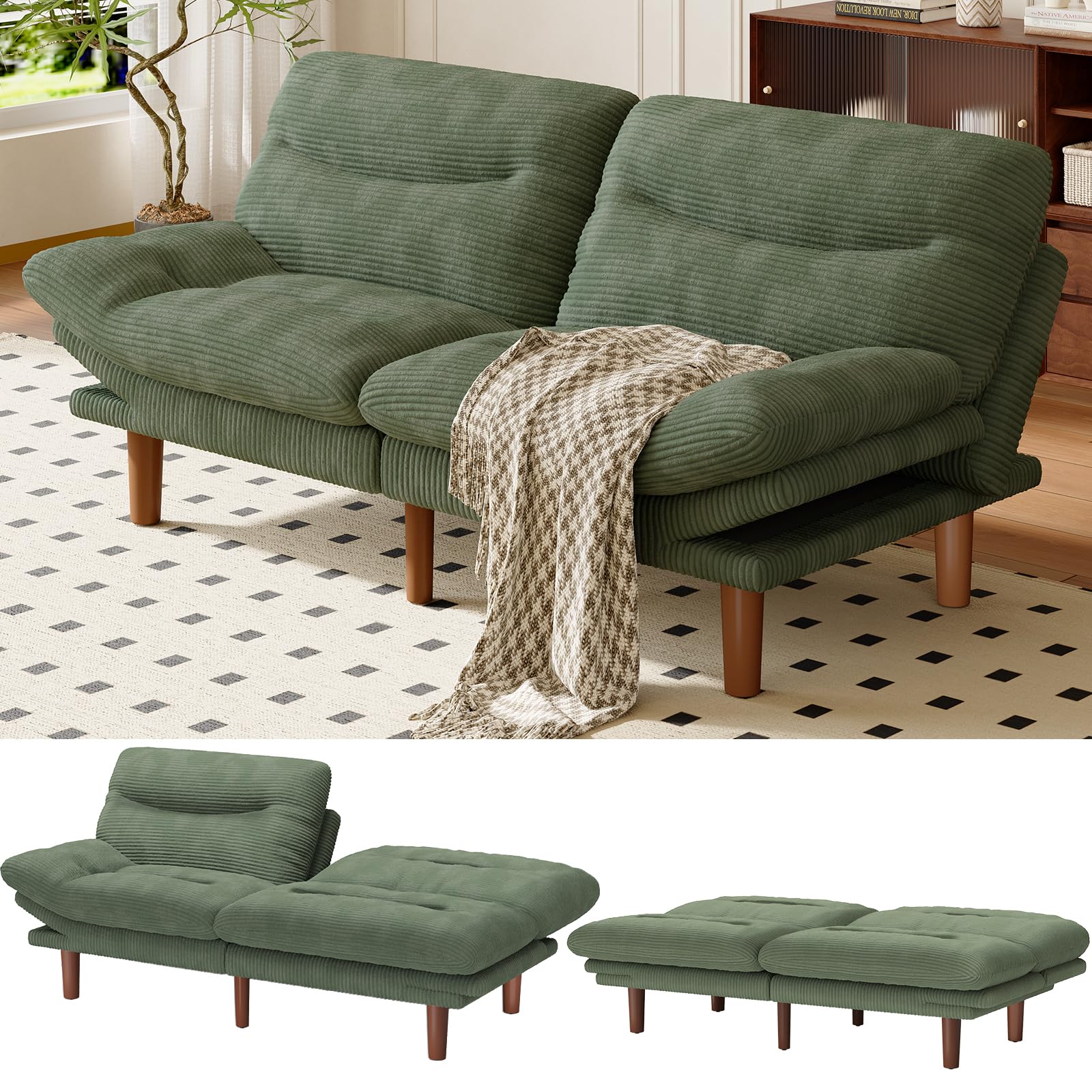 Amada Convertible Corduroy Futon Sofa Bed, 75 inch, Green