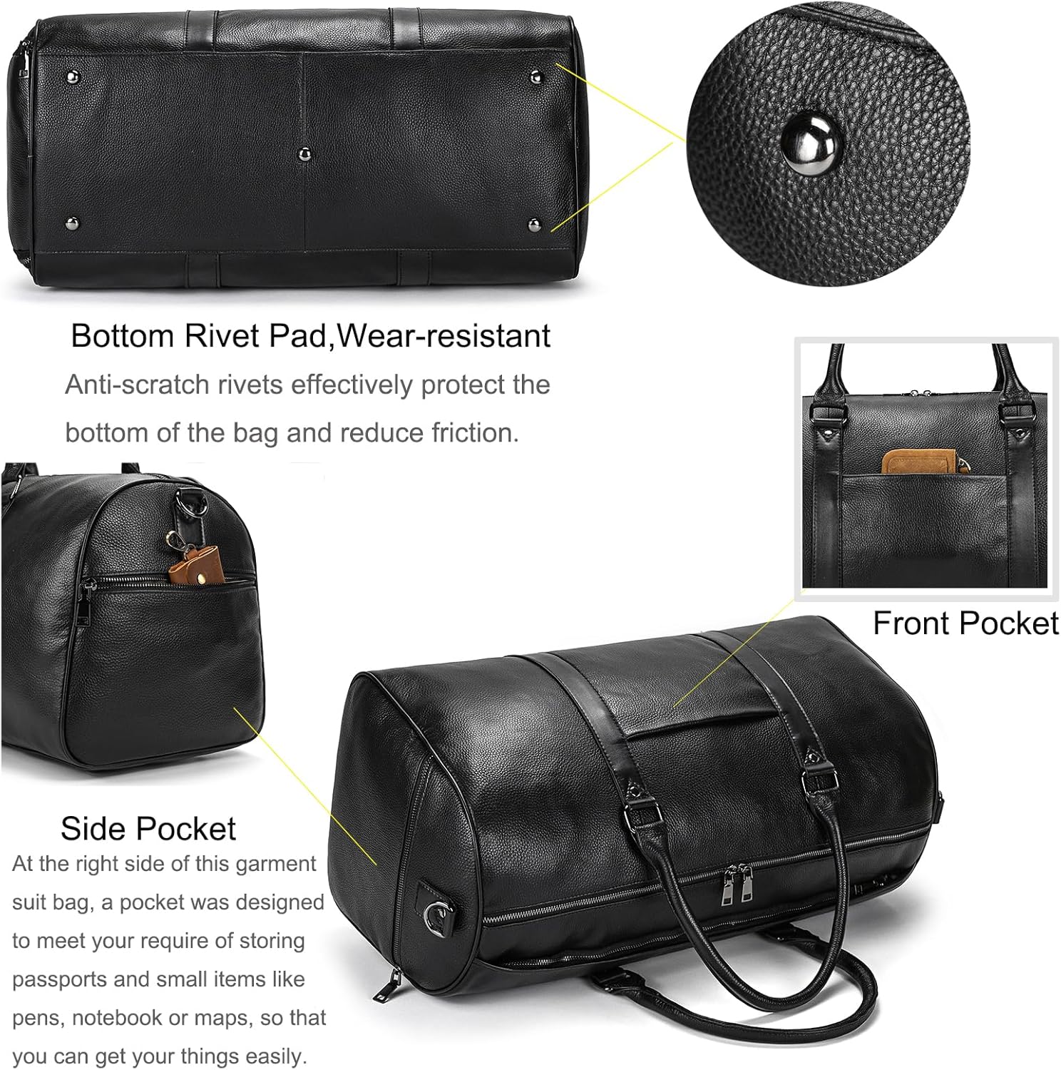 Genuine Leather Travel Bag Large Capacity Waterproof Luggage Duffel Bag with Shoe Compartment, Shoulder Handbag for Men Women Holiday Business Trip - Image 5