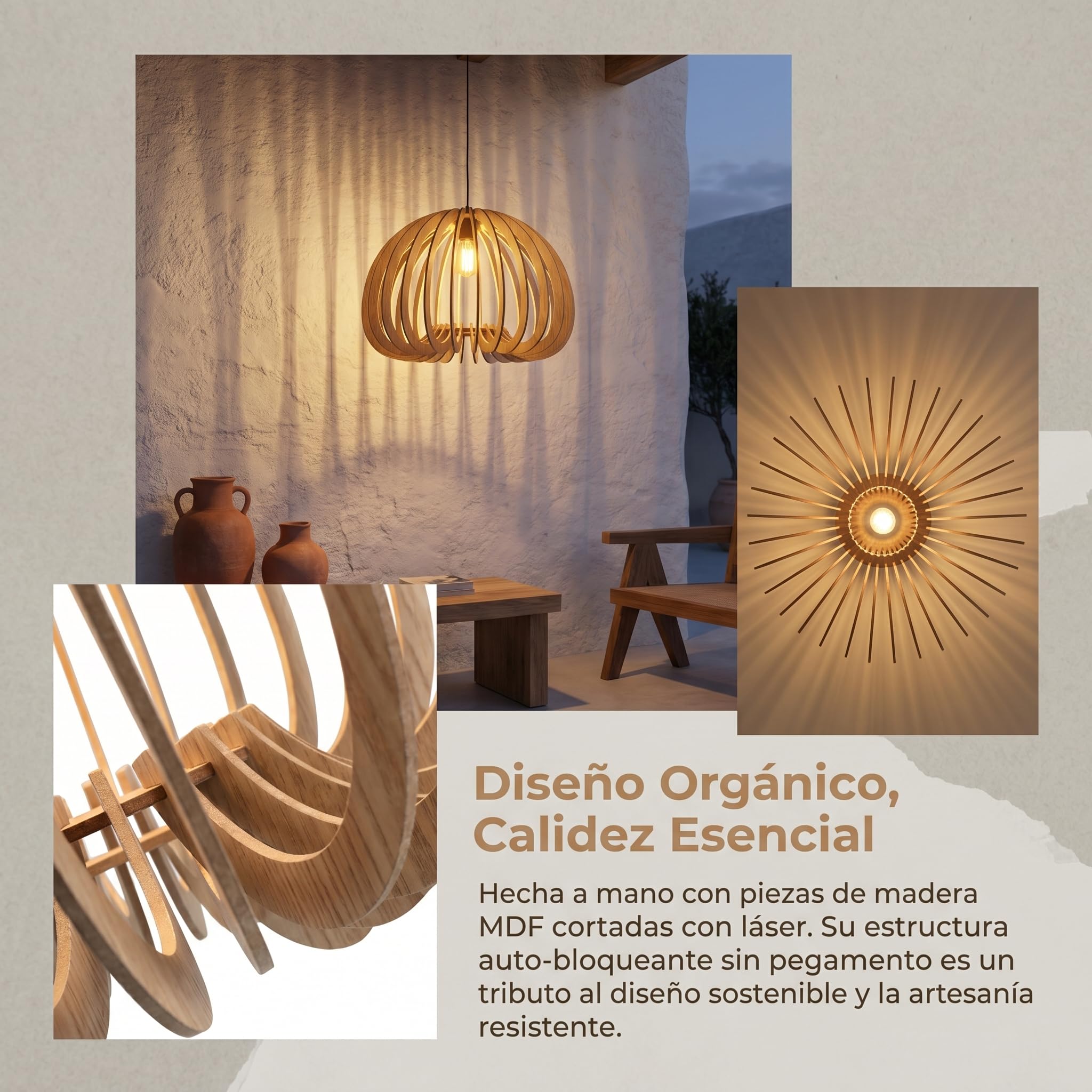 Barcelona LED Lámpara Colgante de Madera MARGE Ø45cm E27 – Diseño Nórdico Natural MDF, Altura Regulable, Luz Ambiental para Salón, Comedor y Dormitorio