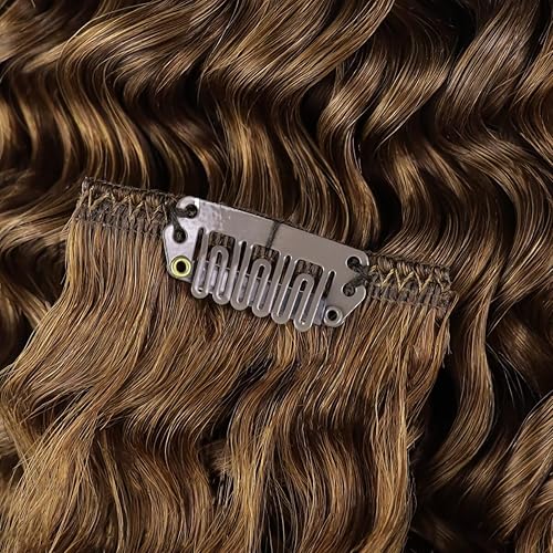 Miniatura 9 de Hetto Extensiones de cabello humano rizado con clip, color marrón natural, extensiones de cabello ondulado color marrón oscuro #4, extensiones de