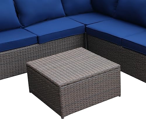Miniatura 6 de Juego de muebles de patio para exteriores con mesa de centro cuadrada otomana, sofá modular de 4 piezas, mimbre de ratán marrón moderno con cojines