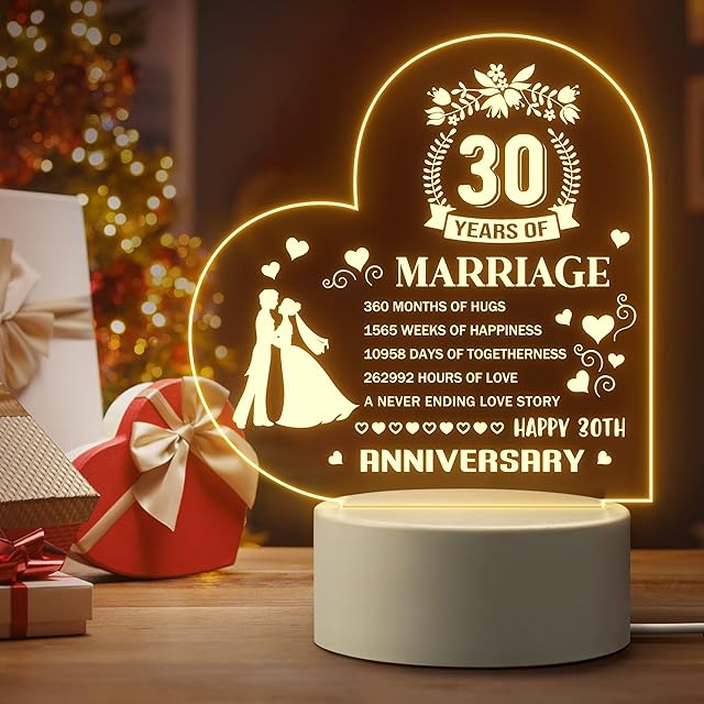 30th Wedding Anniversary Romantic Gifts for Couple Parents Wife Husband, 30 Years Wedding Anniversary Night Light Gifts for Her Him, Personalised LED Heart-Shaped Bedside Lamp Present for Wife