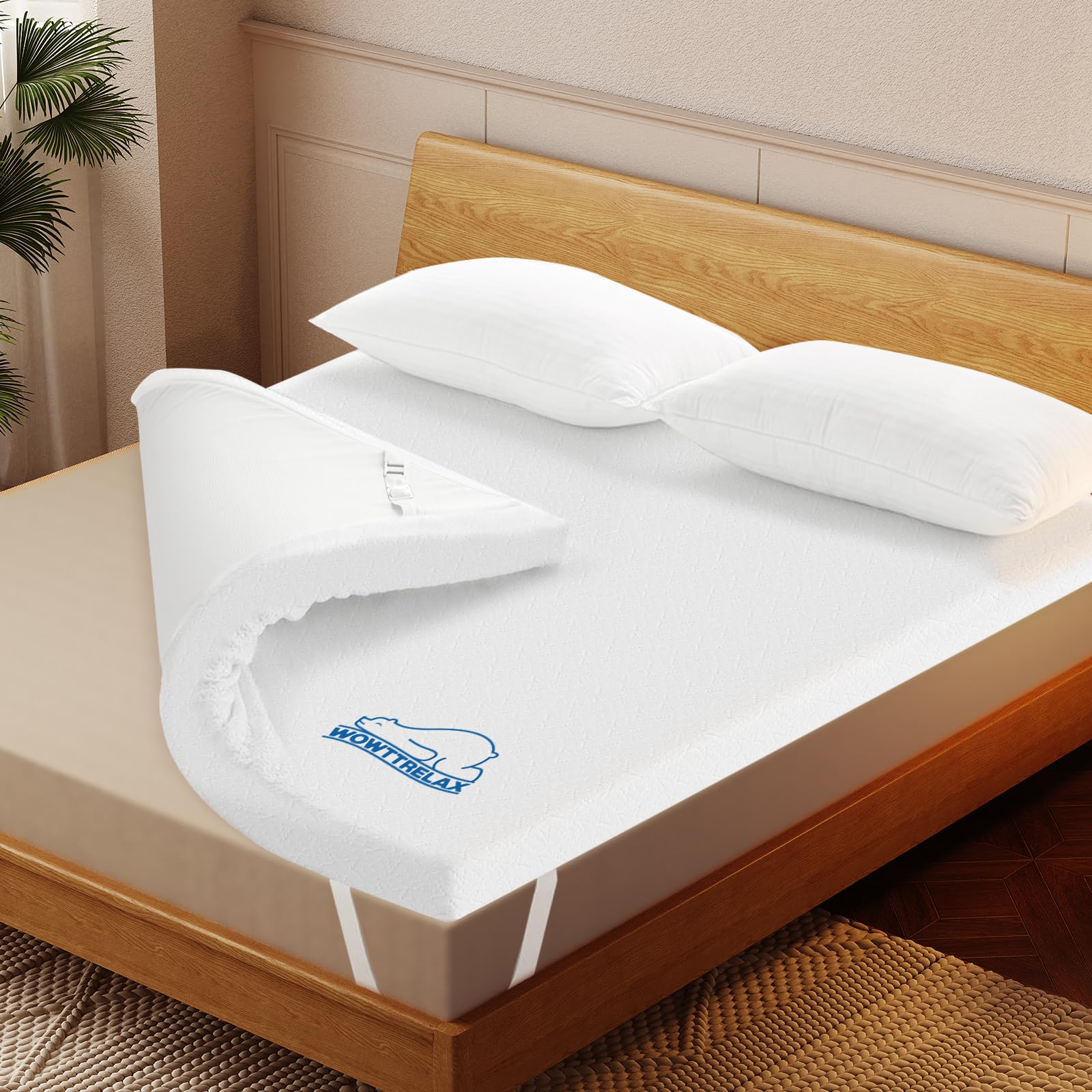 wowttrelax Cubrecolchón de espuma viscoelástica para cama individual, cubrecolchón ortopédico de 4 pulgadas de grosor para aliviar el dolor de espalda, funda lavable con correas elásticas, 90 x 190