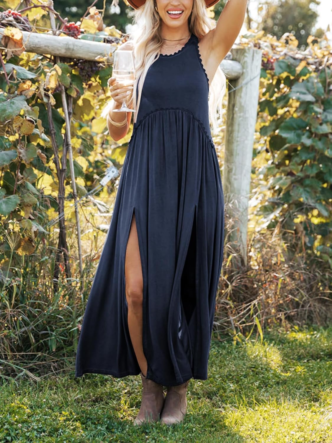 Women's Maxi Dress Summer Sleeveless Crewneck Swing Sundress Casual Loose Long Dresses with Pockets - Image 2