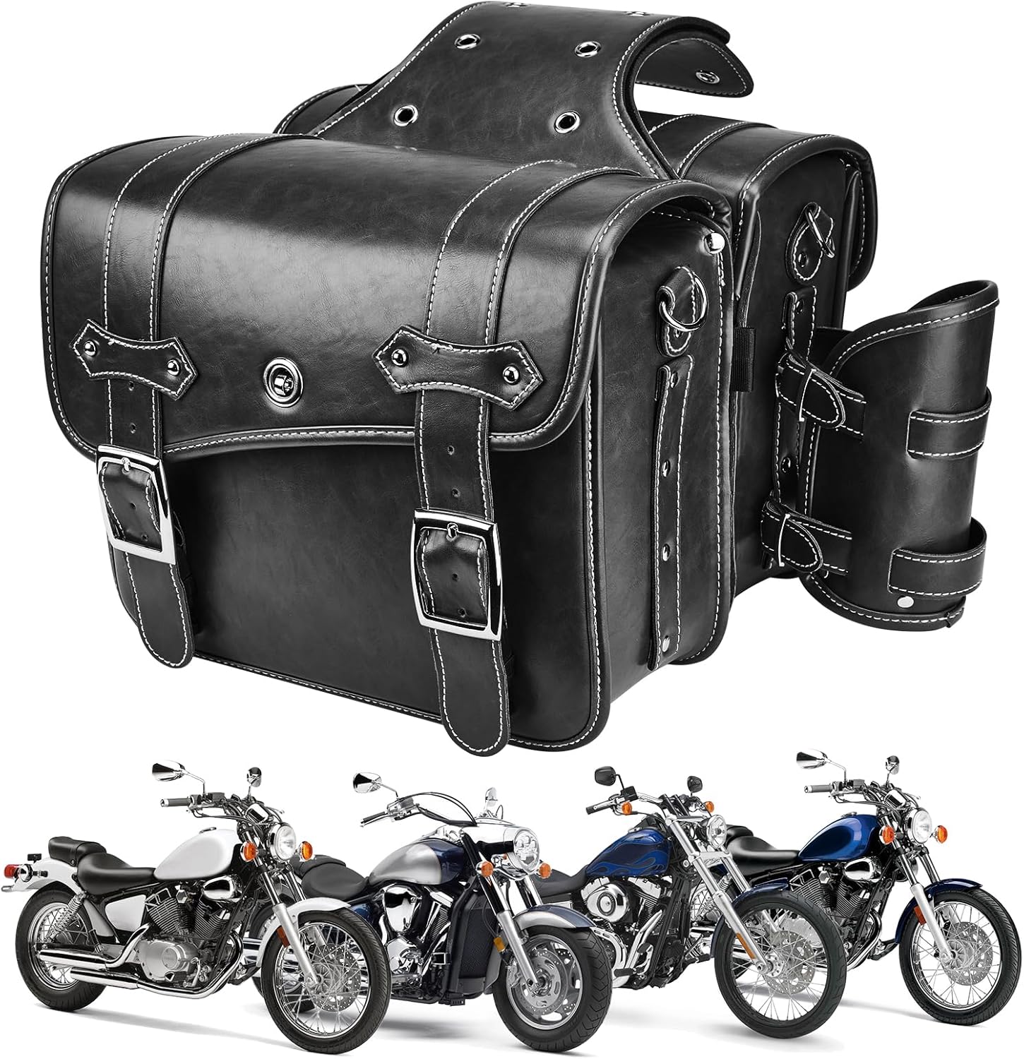 KEMIMOTO Leather Motorcycle Saddlebags 26L Throw Over Saddle Bag with Cup Holder for Universal Motorcycle Softail Dyna Sportster Road King Rebel V-star Shadow Vulcan
