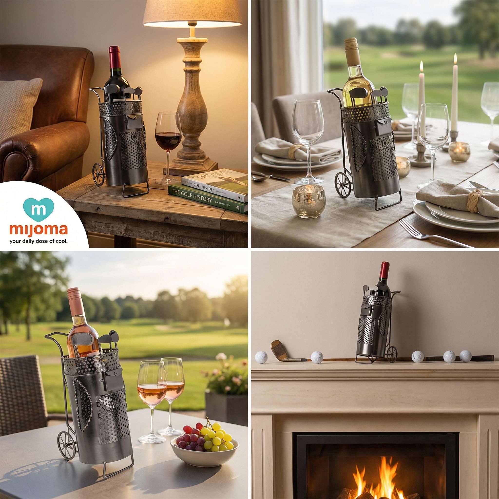 MIJOMA Porte-bouteille de vin sac de golf en métal - Porte-vin décoratif pour 1 bouteille - Fait à la main - Cadeau de golf - Porte-bouteille original pour vin, fer, 13 x 10 x 25 cm