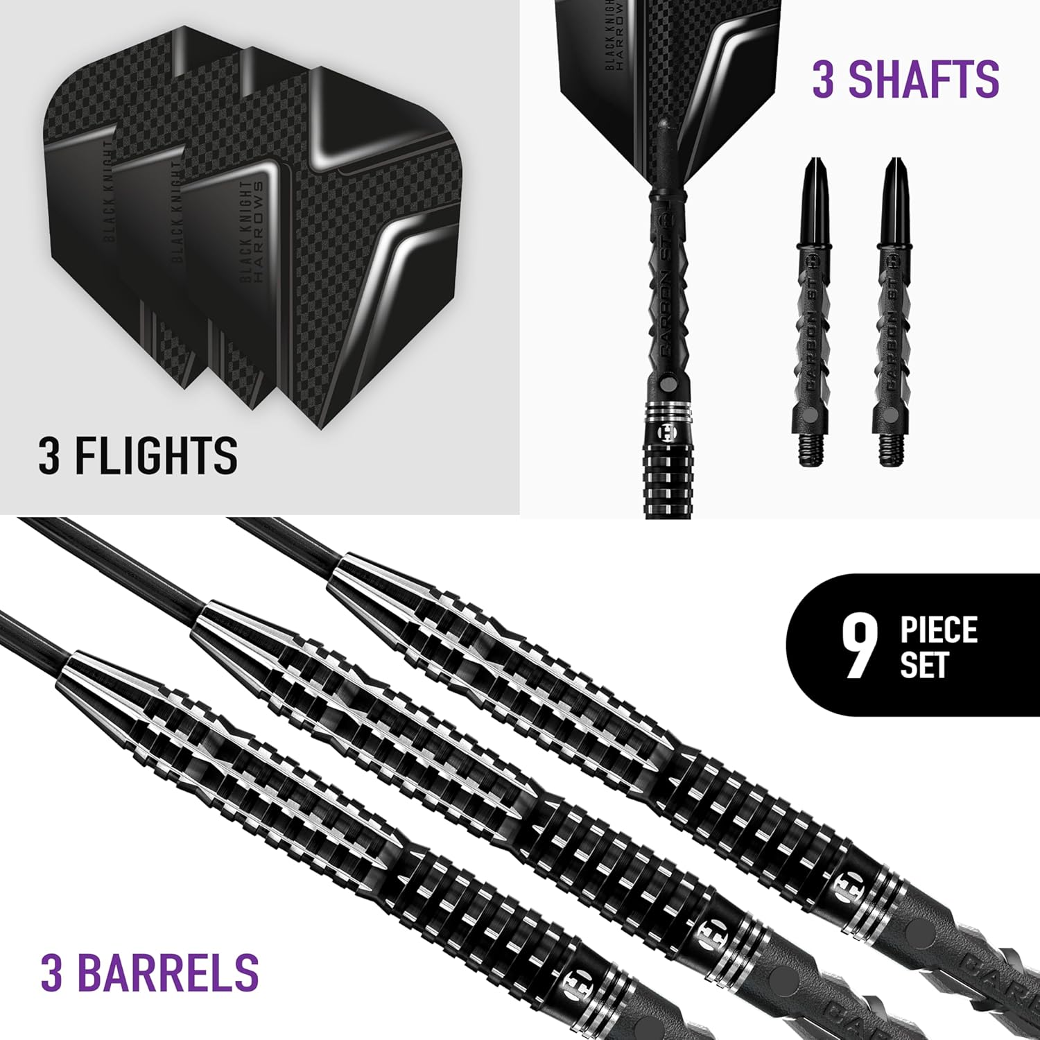 Harrows Black Knight Darts, 90% Tungsten Steel Tip Darts Set, Includes Carbon ST Shafts & Prime Black Knight Flights - 22g