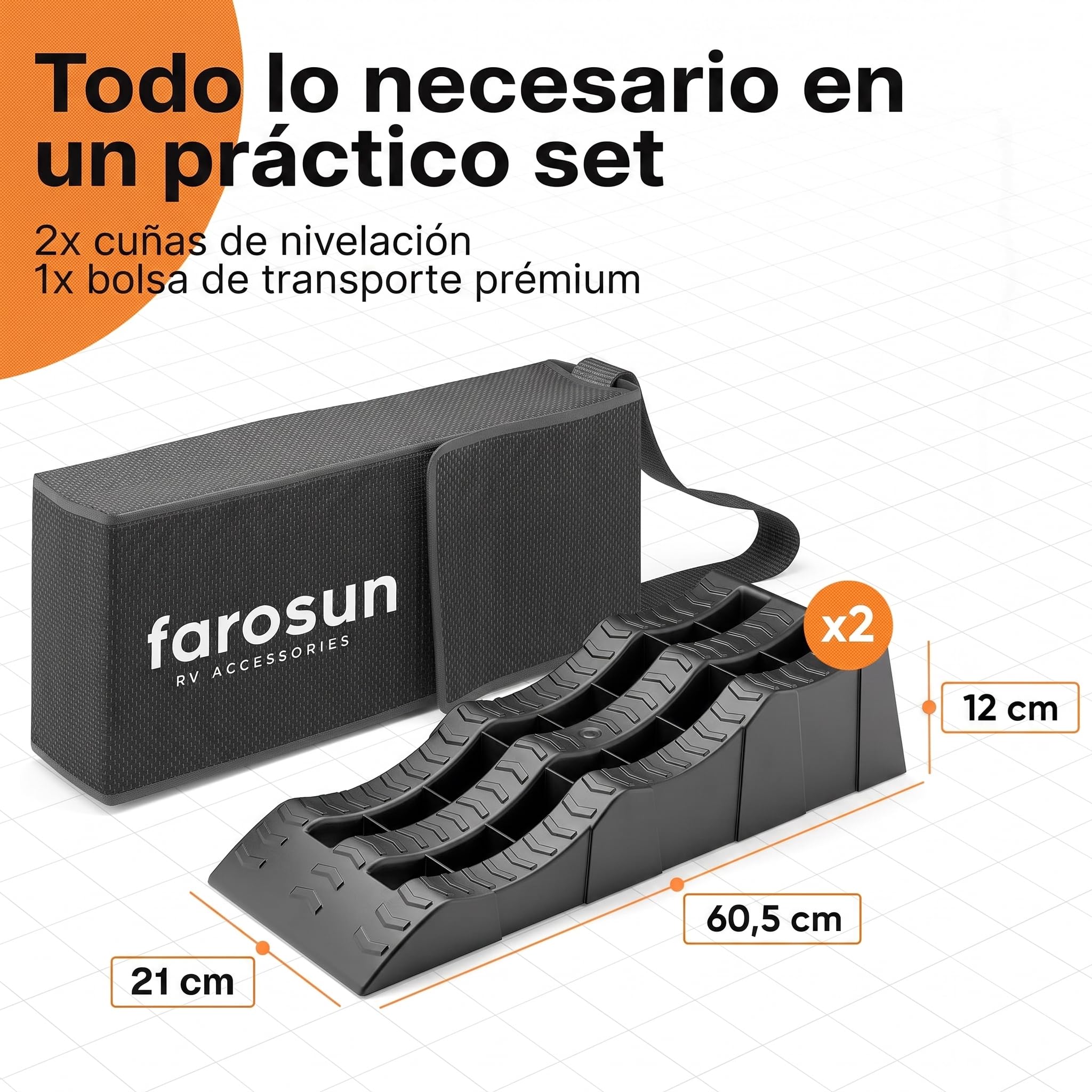 Cuñas de nivelación para autocaravanas y caravanas – Set de 2 con 3 Alturas (4/7/10 cm), Antideslizantes y Bolsa de Transporte – 5000 kg