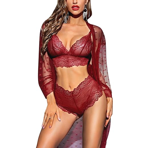 RSLOVE Women Sexy Lingerie Set 3 Piece Lace Kimono Robe with Bra and Panty Sheer Sleepwear