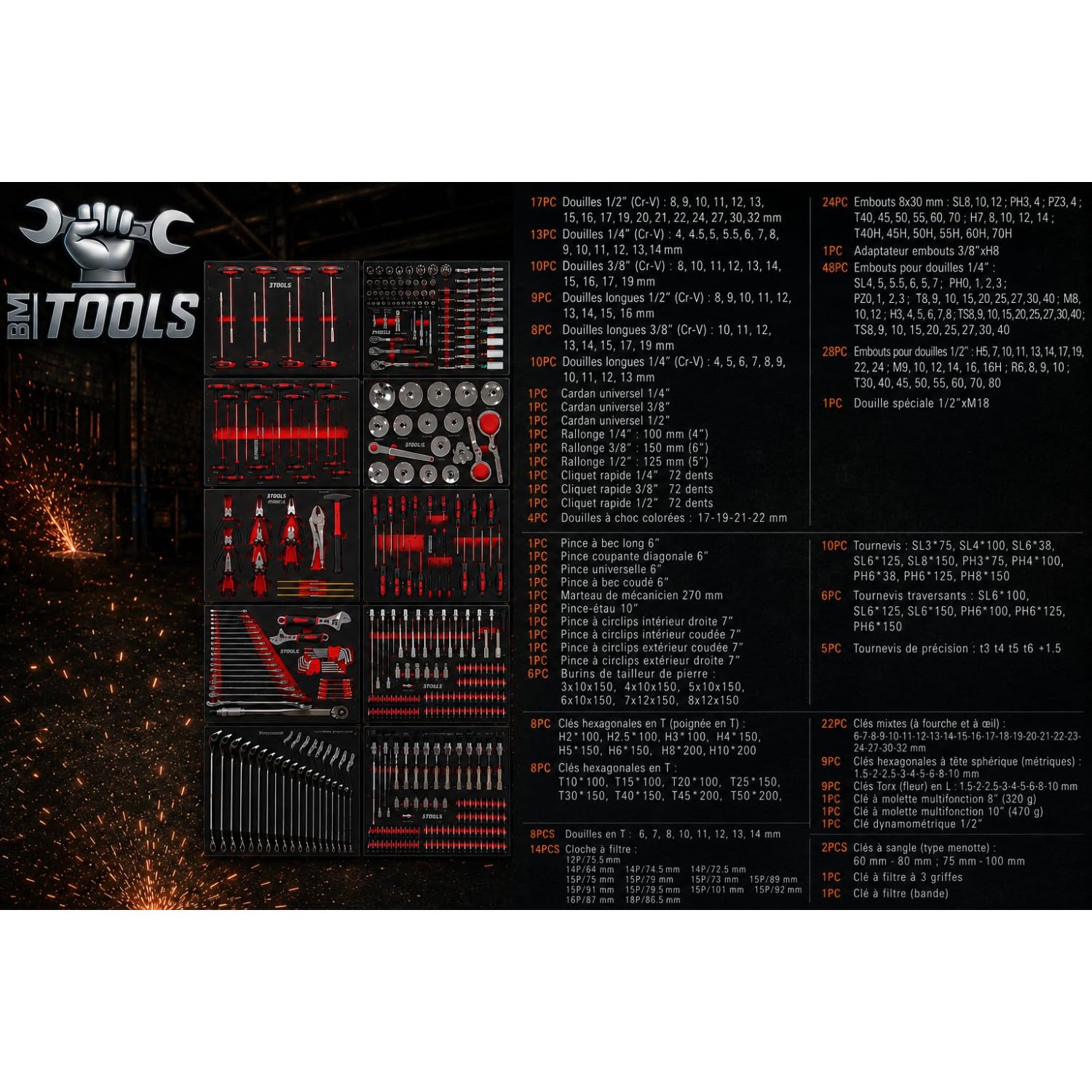 BM TOOLS Servante d'Atelier Garage Automobile Alpha-Pro - 9 Tiroirs - 311 Outils, 4 Roues, 2 Freins, Chariot Mecanicien - Rouge