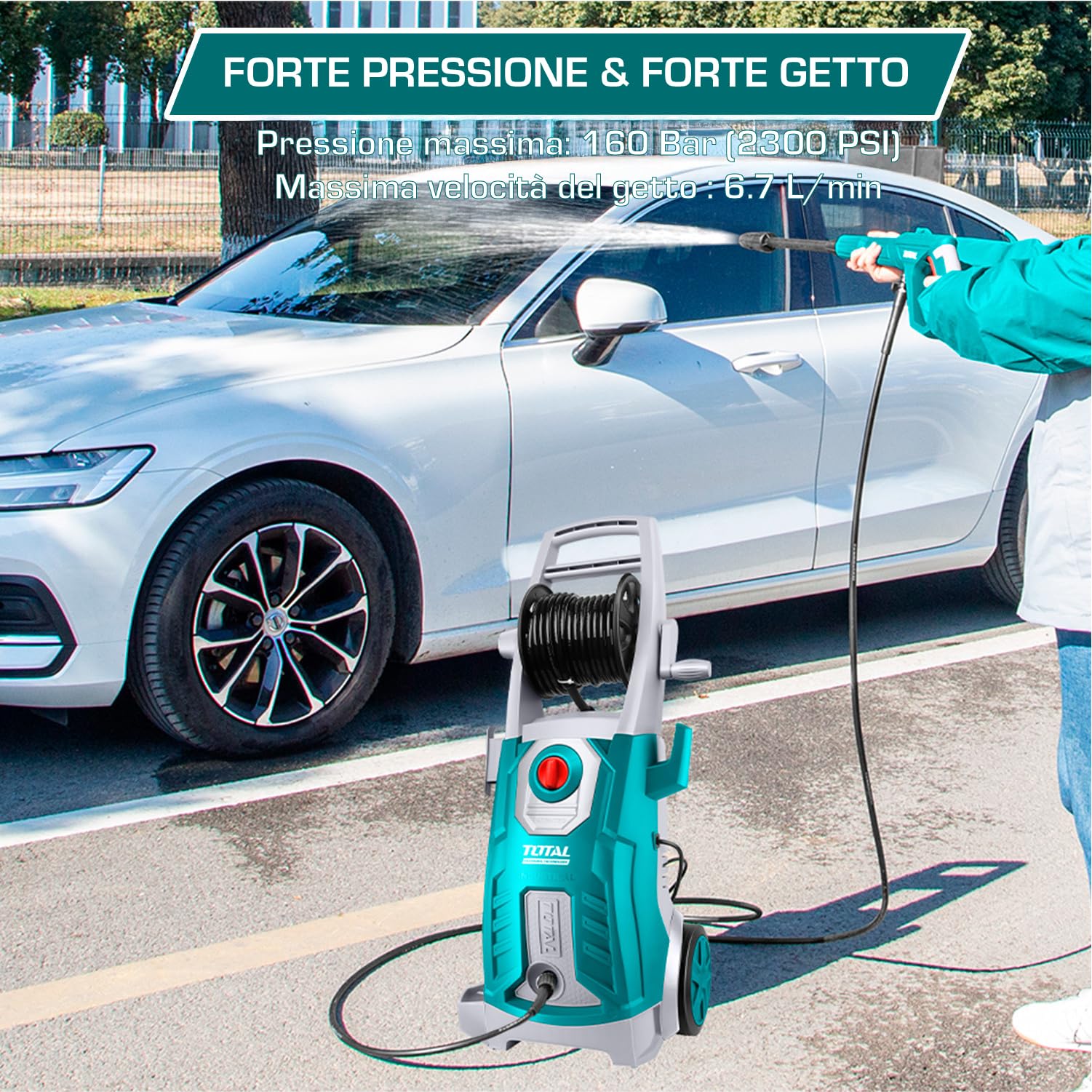 TOTAL – Hidrolimpiadora a Presión - 160 Bar, 6,7l/min y 2500 W - Auto Parada - Incluye: Pistola Pulverizadora y Botella para Detergente - Azul
