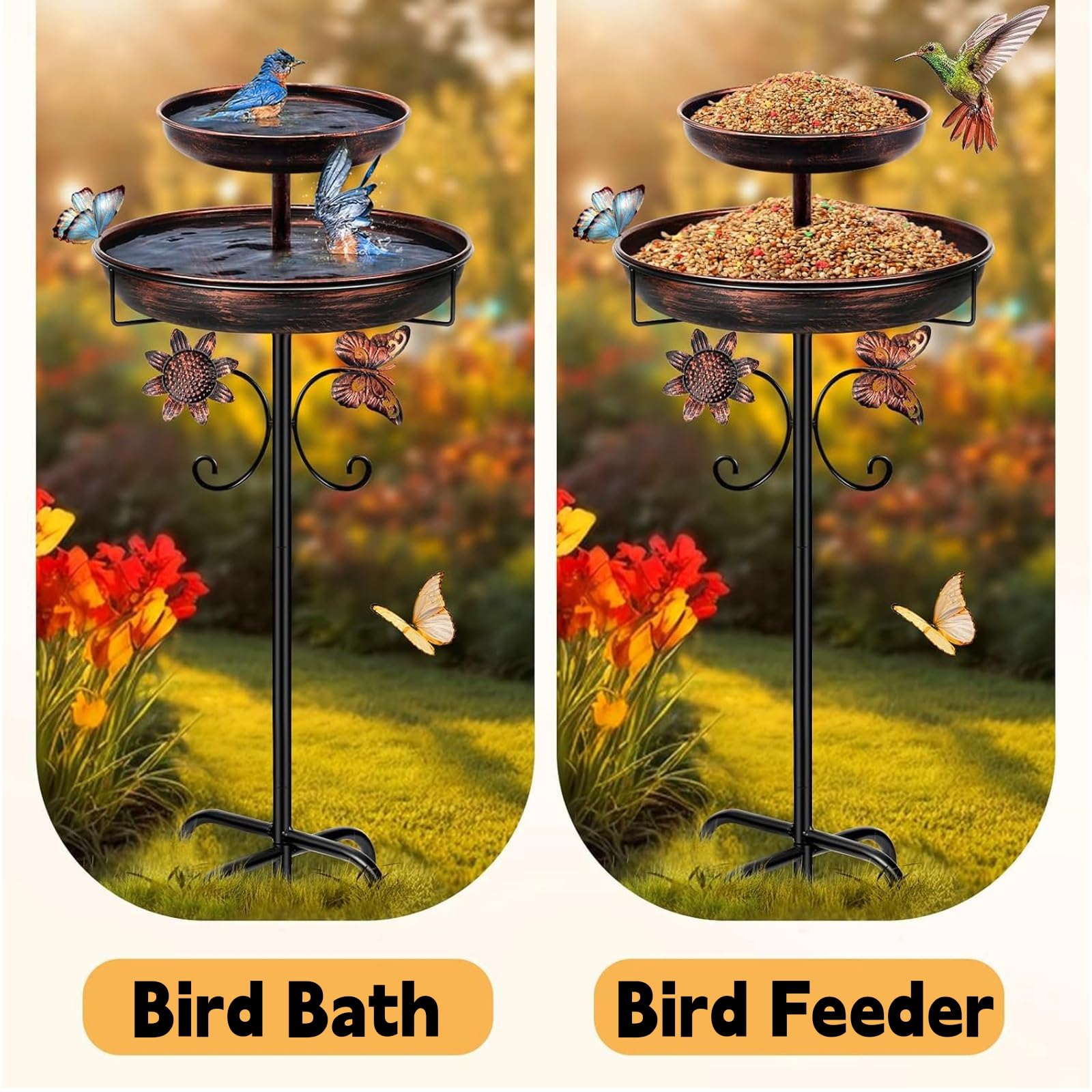 Mangiatoia Metallica Per Uccelli Da Esterno Doppio Bagno Per Uccelli Autoportante Con Base A 5 Punte Decorazione Per Giardino Patio E Prato