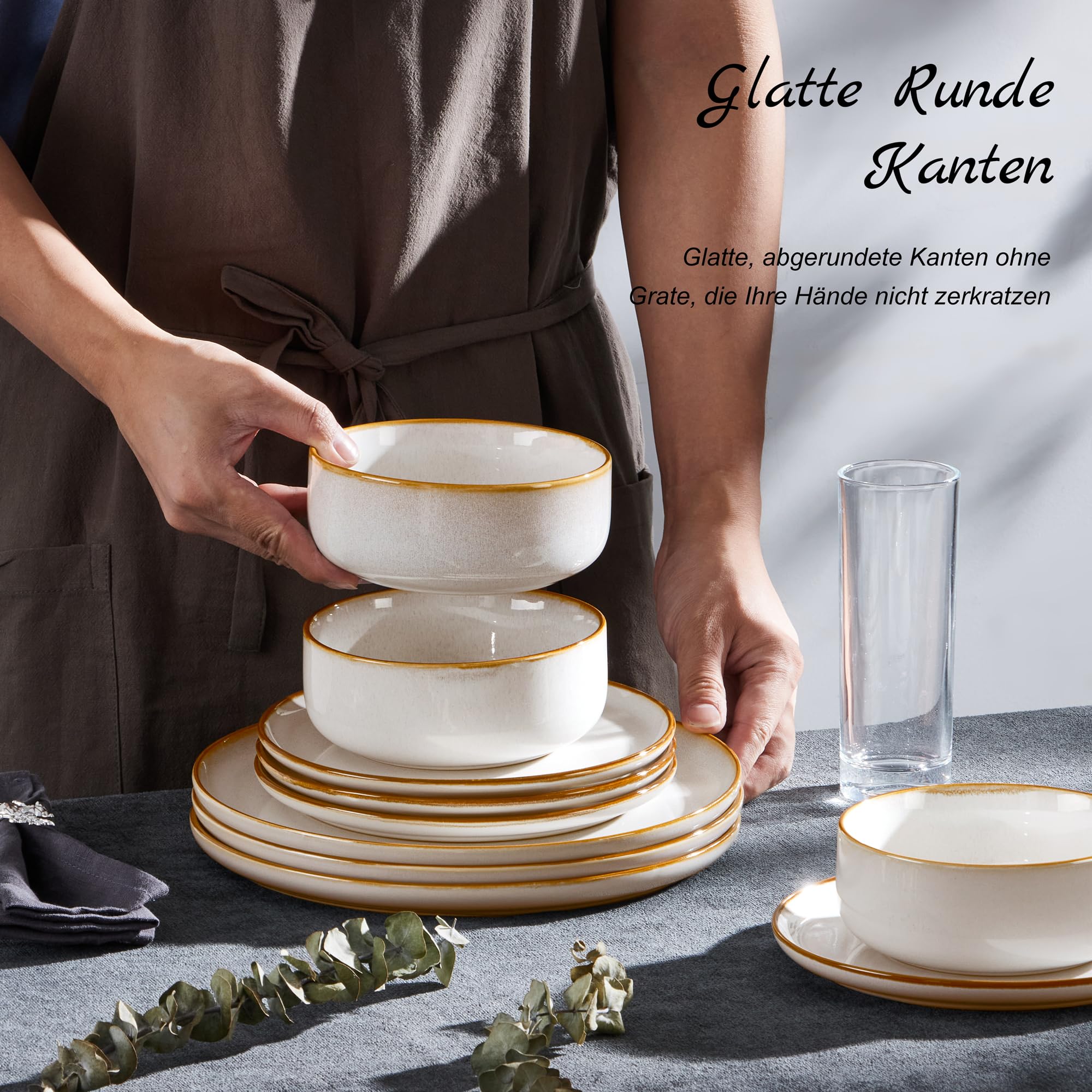 Homikit vajilla para 6 personas, vajilla de gres de 18 piezas, de esmalte reactivo con cuenco y plato, resistente a los arañazos, apta para microondas y lavavajillas, Jupiter Beige