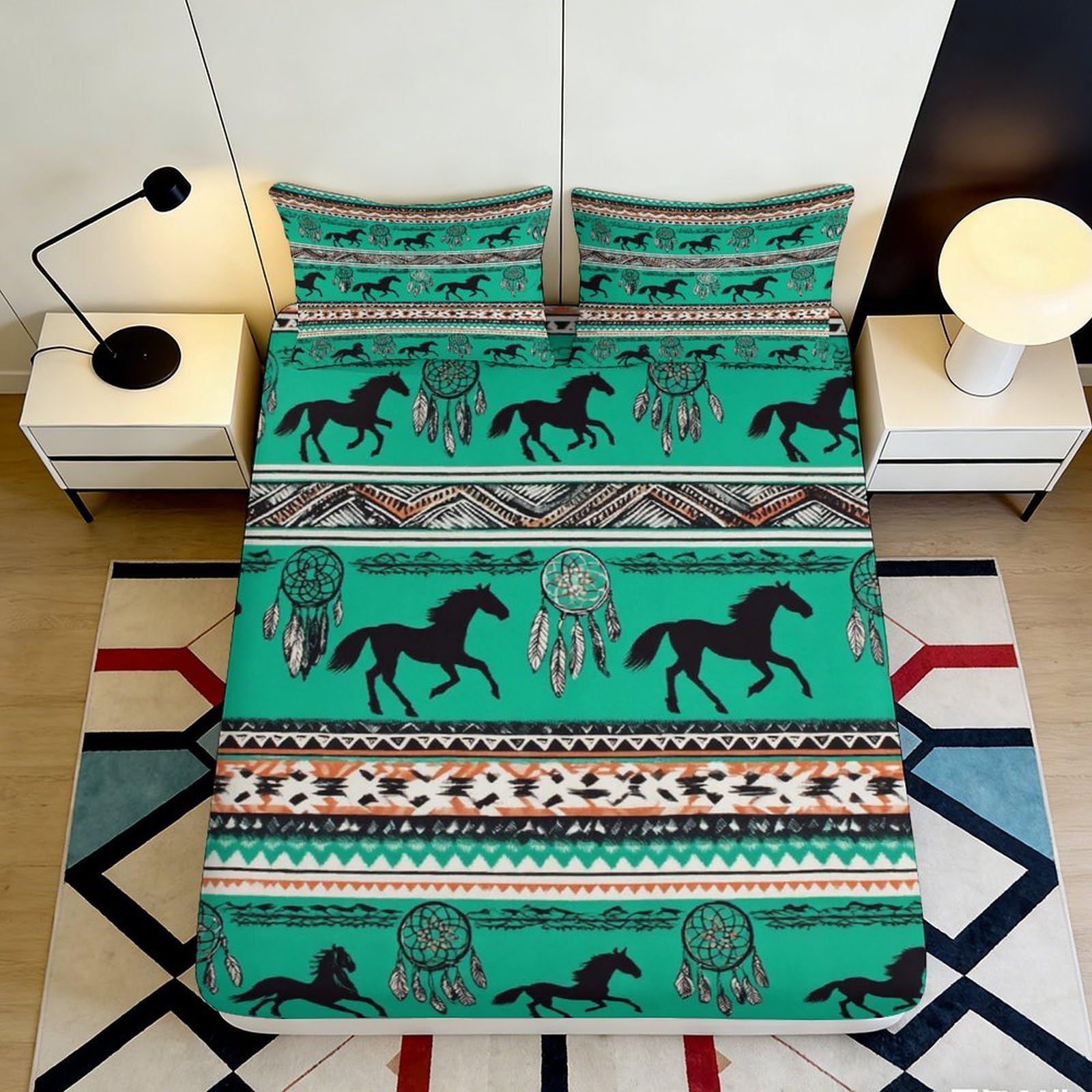 3D Printed Ethnic Horse Pattern Fitted Sheet Microfiber Deep Pocket Non-Slip Bedroom Bedding Horse Mattress Fitted Cover for Adults Youth 140x200x25cm