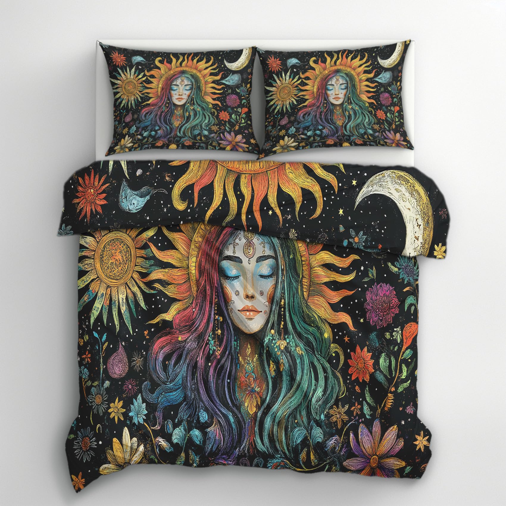 Sun and Moon Super King Duvet Cover Sets - Woman Flower Bohemian Bedding & Bedroom Decor, Super Soft Microfiber Quilt Cover and 2 Pillowcases, with Zip, Reversible Design N1&I-104 โ image 1