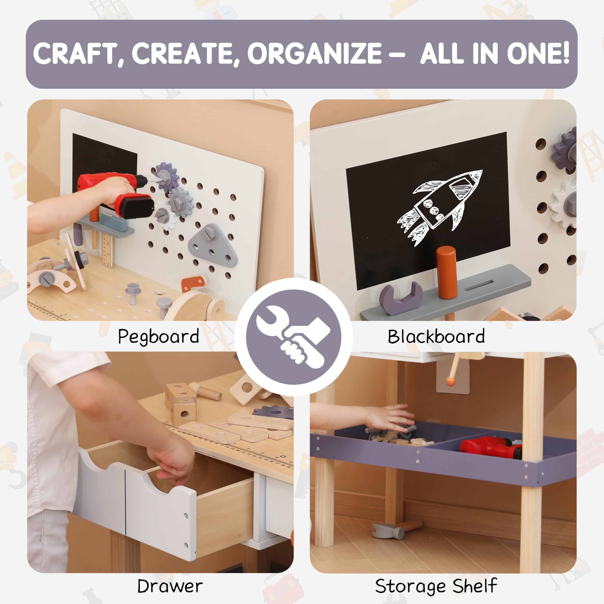 Wooden Kids Tool Bench with Electric Drill, Toddler Tool Bench with Storage Drawers and Platform, Toy Workbench Workshop with Play Tools Set for Boys and Girls, Perfect for Ages 3+