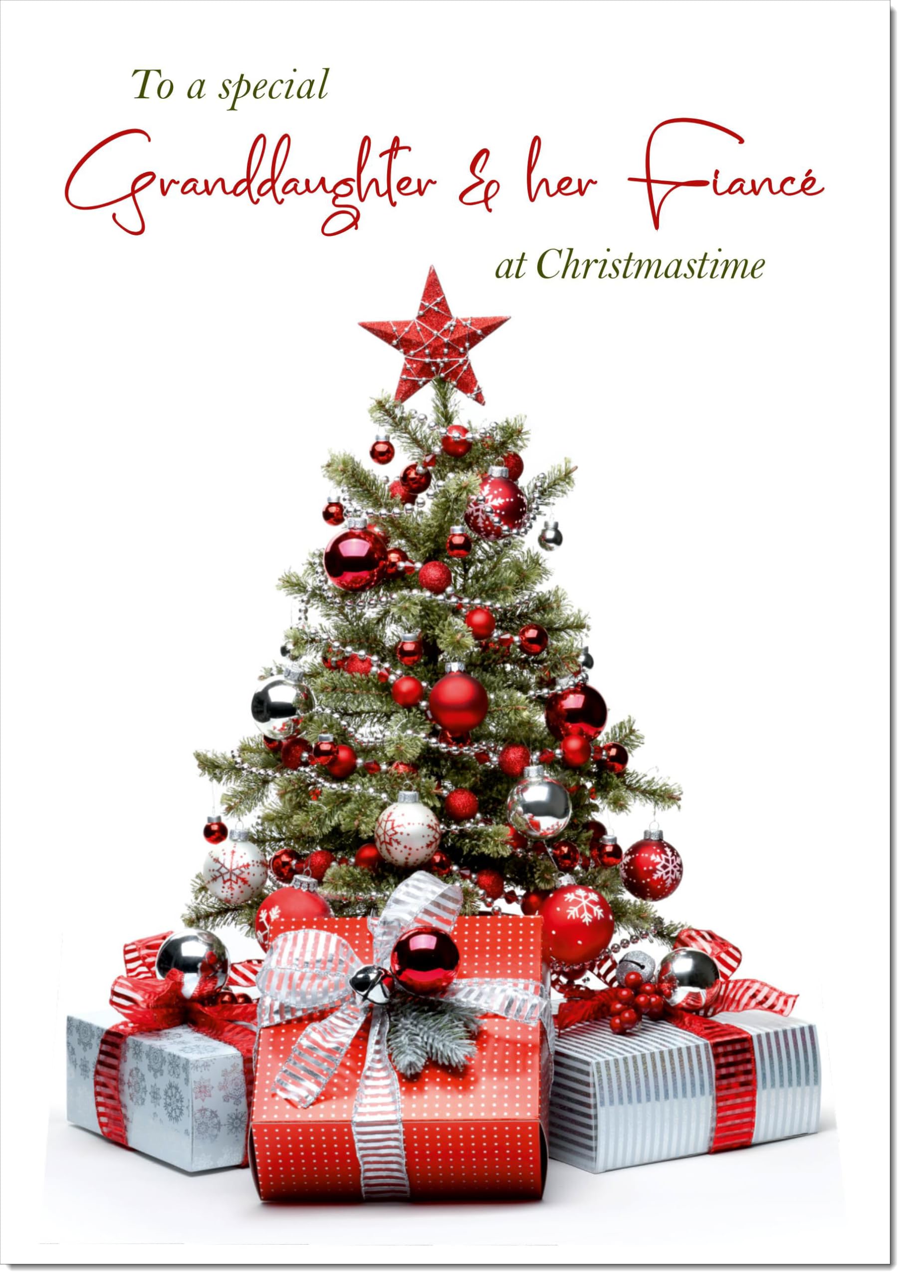 doodlecards Granddaughter and Fiance Christmas Card Christmas Tree and Parcels Large A4 Size Christmas Card for Granddaughter & Fiance with Plain Envelope โ image 1
