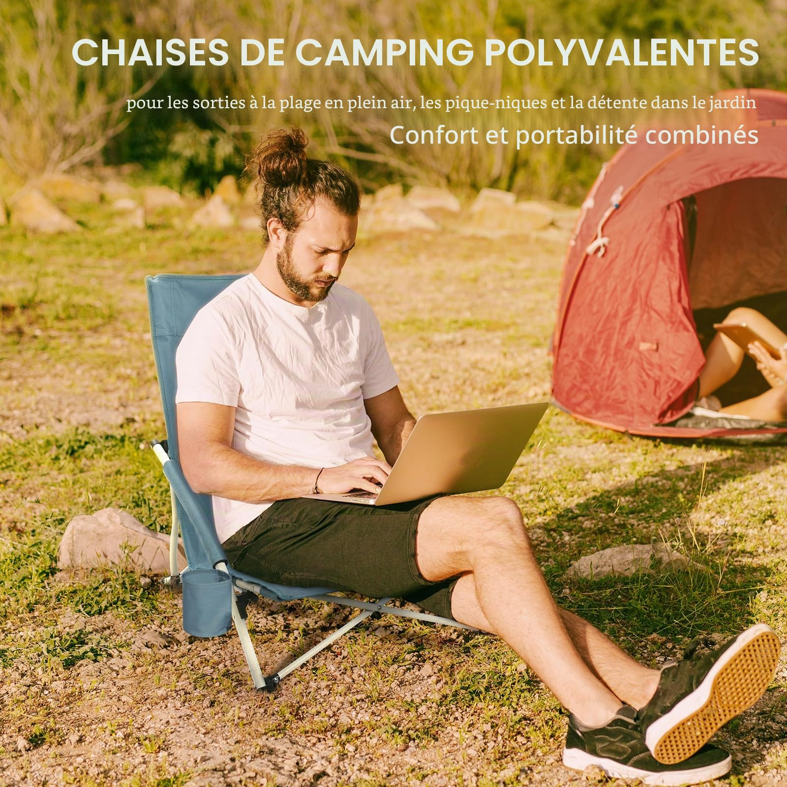 Homecall Chaise de plage pliante, légère, basse, avec dossier confortable, accoudoirs rembourrés, jusqu'à 120 kg, pour plage, jardin (1 pièce)