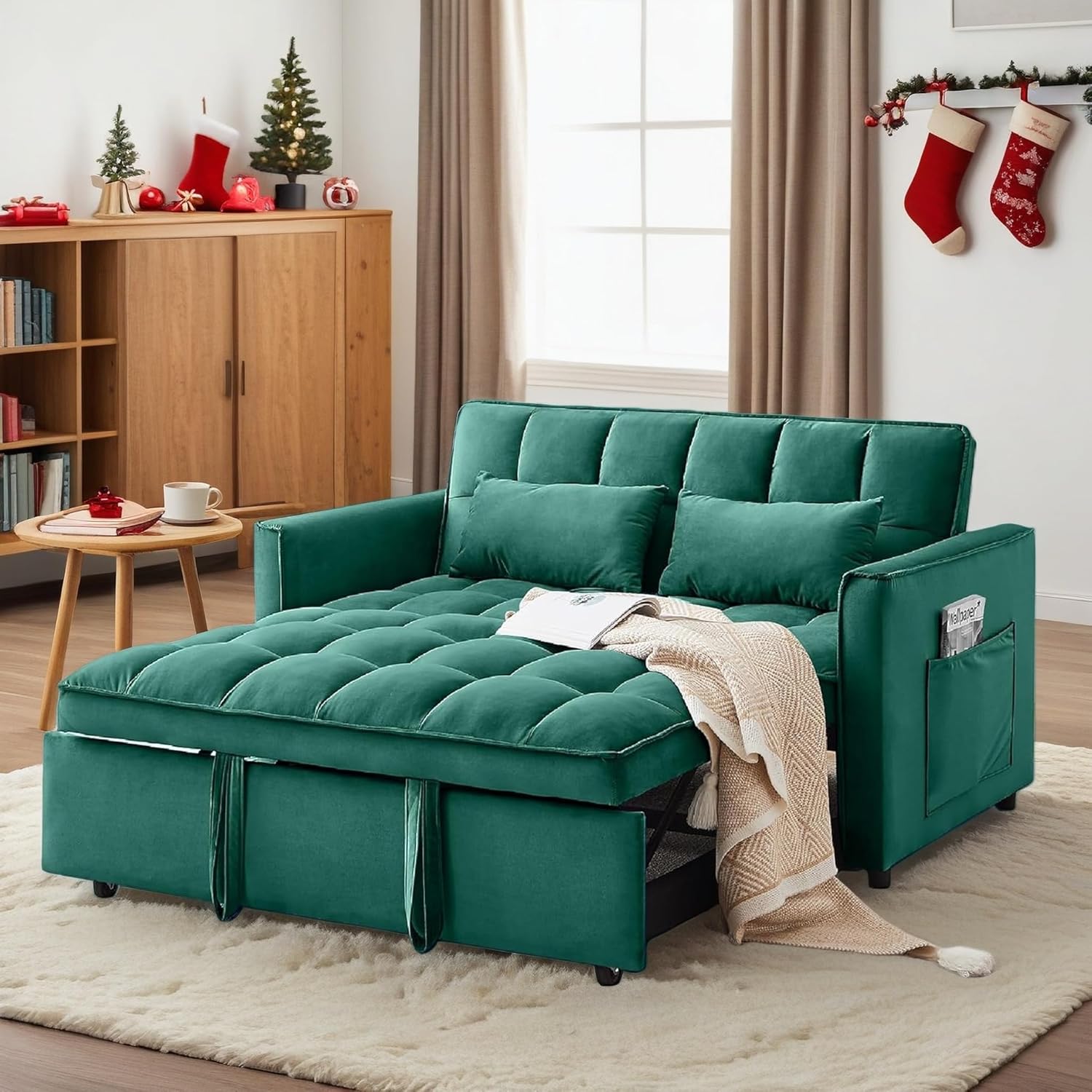 Sleeper Sofa Bed, 3 in 1 Futon Sofa Bed for Living Room with Side Pocket, Pull Out Couch Sofa Sleepers, Convertible Love Seat Sleepers Bed for Living Room, Bedroom, Small Space