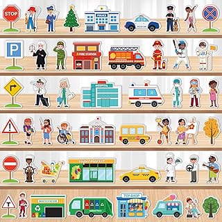 50 Pcs Wooden Community Helpers Play Set Community Includes Little Wooden People Buildings Cars Multicultural Figurines Toy Preschool Little Professionals Block Character (Classic)