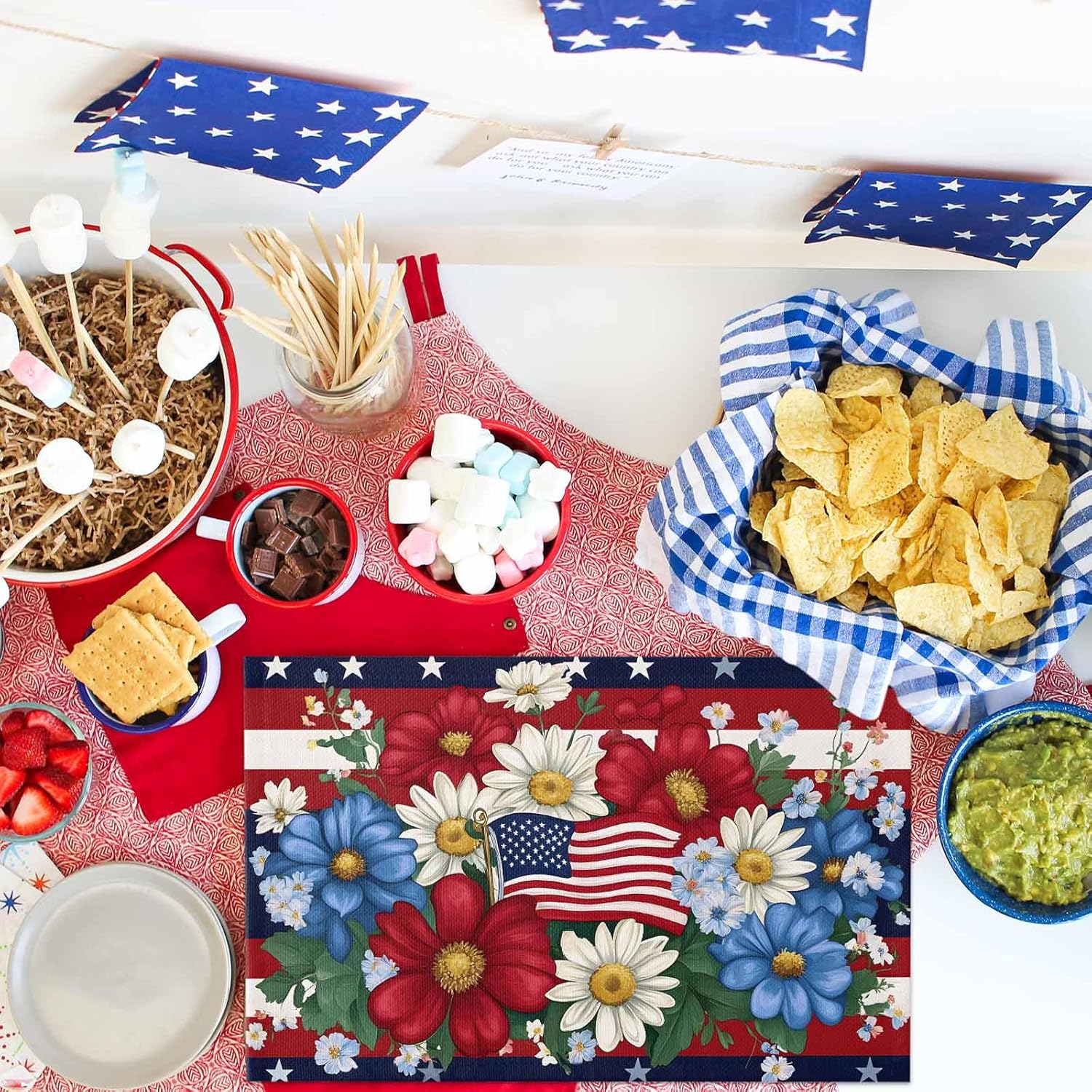 American Flag Blue Stars 4th of July Placemats Set of 12 13x19 Inch Memorial Day Table Mats Patriotic Memorial Day Independence Day Holiday Kitchen Dining Home Outdoor Party Table Decoration