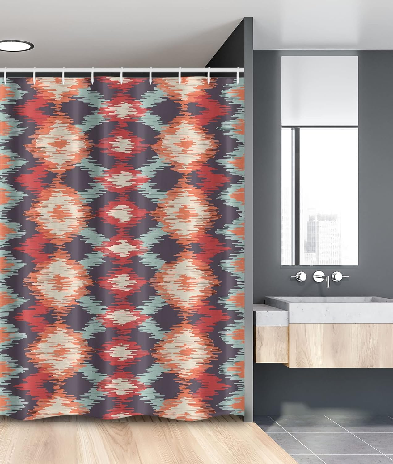 Ambesonne Ikat Stall Shower Curtain, Oriental Double Batik Tie-Dye Weaving Style Graphic Ikat Forms Cultural Artisan, Fabric Bathroom Decor Set with Hooks, 54" W x 78" L, Red Orange Teal