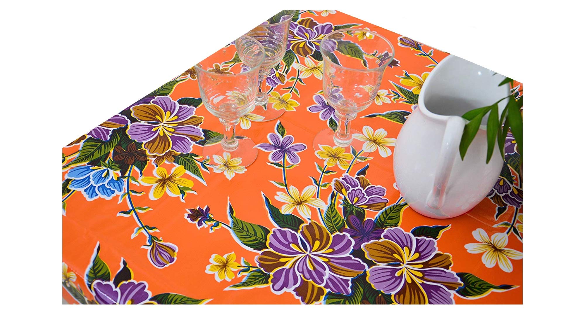 Alux - Waterproof Oilcloth Table Cloth - Wipeable Tablecloths for Picnic - Non-Fading Plastic Table Cover with Better Than Flannel Backing - Hibiscus Orange (55x70in Rectangle)