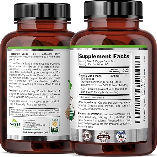 Miniatura 8 de Zazzee USDA Organic Lion's Mane 201 Extracto 201, 16,000 mg de fuerza, 30% polisacáridos, 120 cápsulas veganas, suministro de 60 días, extracto