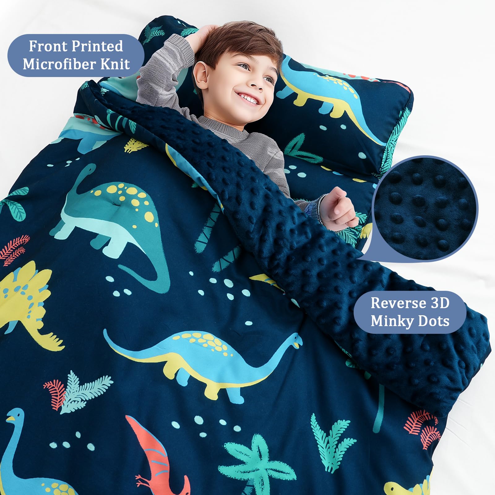 PHF Toddler Nap Mat with Removable Pillow and Minky Fleece Blanket, Rollup Design Warm Slumber Bags for Boys, 50