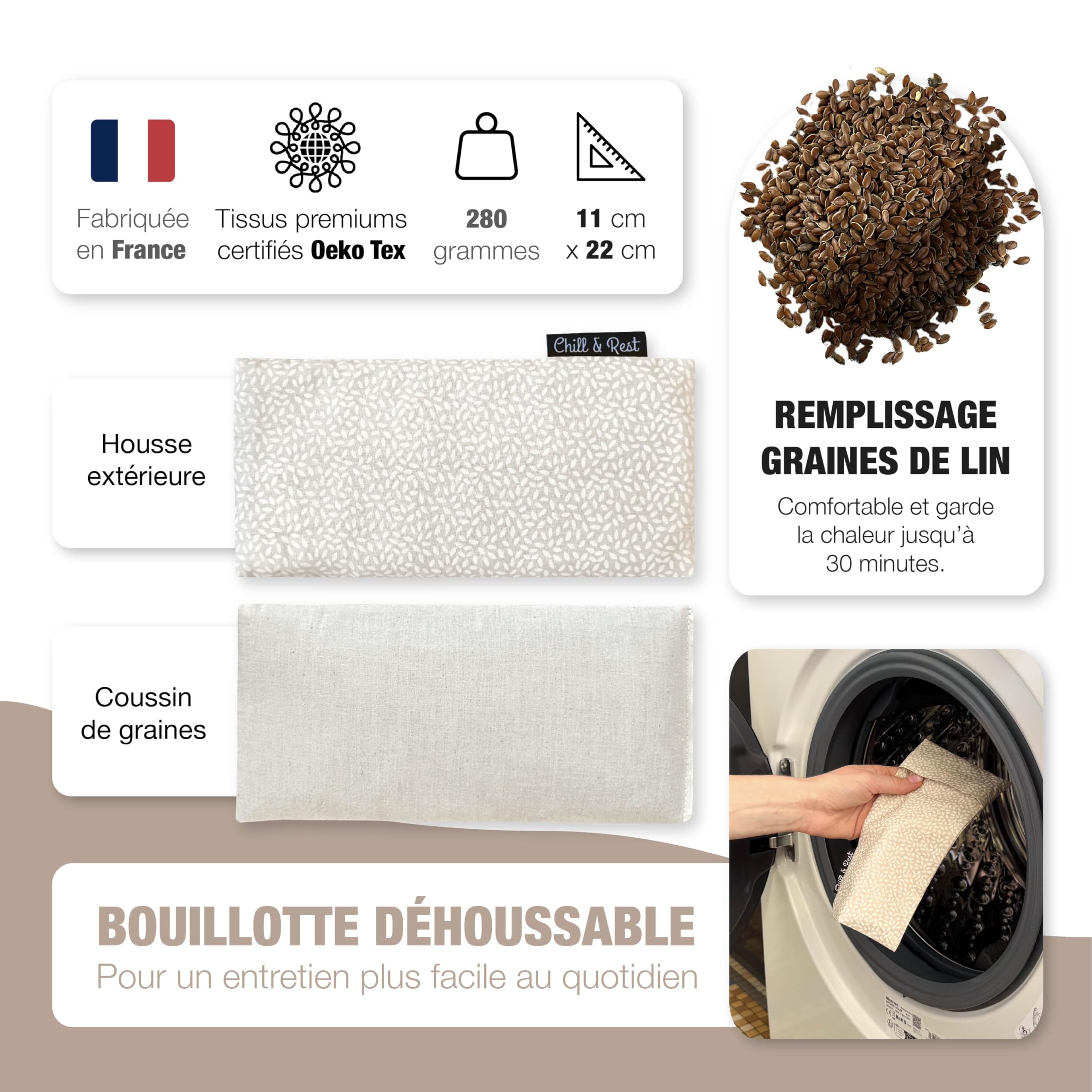 Chill&Rest - Petite bouillotte micro-ondes déhoussable - Fabriquée en France - Patch chauffant - Bouillotte enfant - Coussin chauffant nuque - Regles douloureuses - Cadeau - Beige - La Naturelle