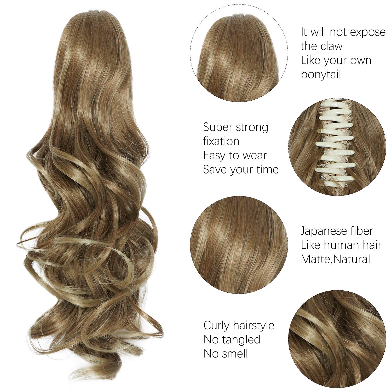 Yamel Ponytail Extension 16" Long Curly Wavy Light Brown to Ash Blonde Claw Jaw Clip in Synthetic Hairpiece Pony Tail Tale Ponytail Hair Extensions - Image 3