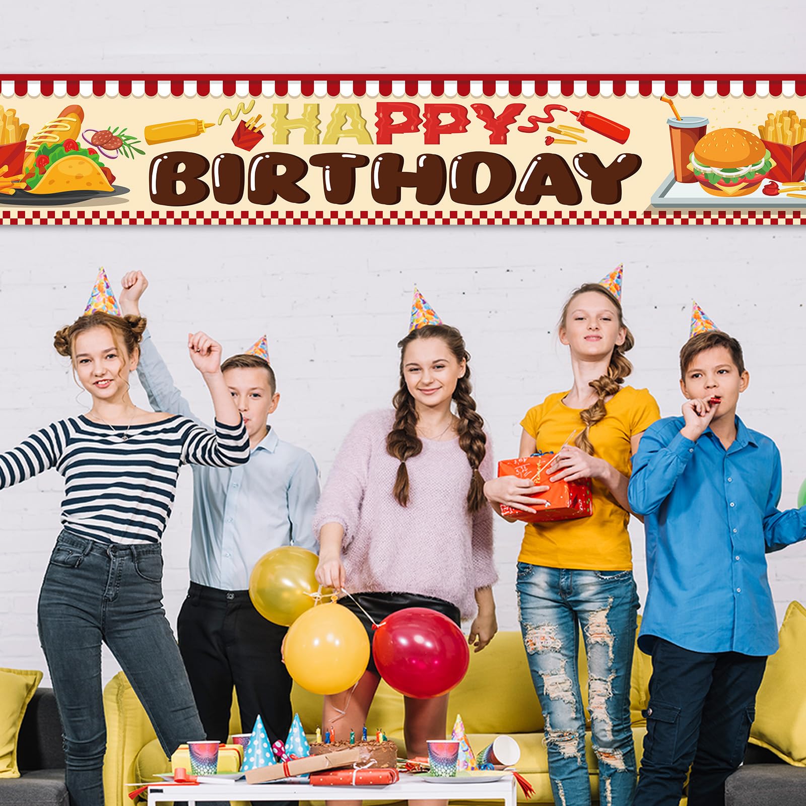 Pancarta de feliz cumpleaños de hamburguesas, tema de cocina, comida rápida, fondo de fotogarphy para niños, decoración de fiesta temática de cumpleaños, 9.8 x 1.6 pies