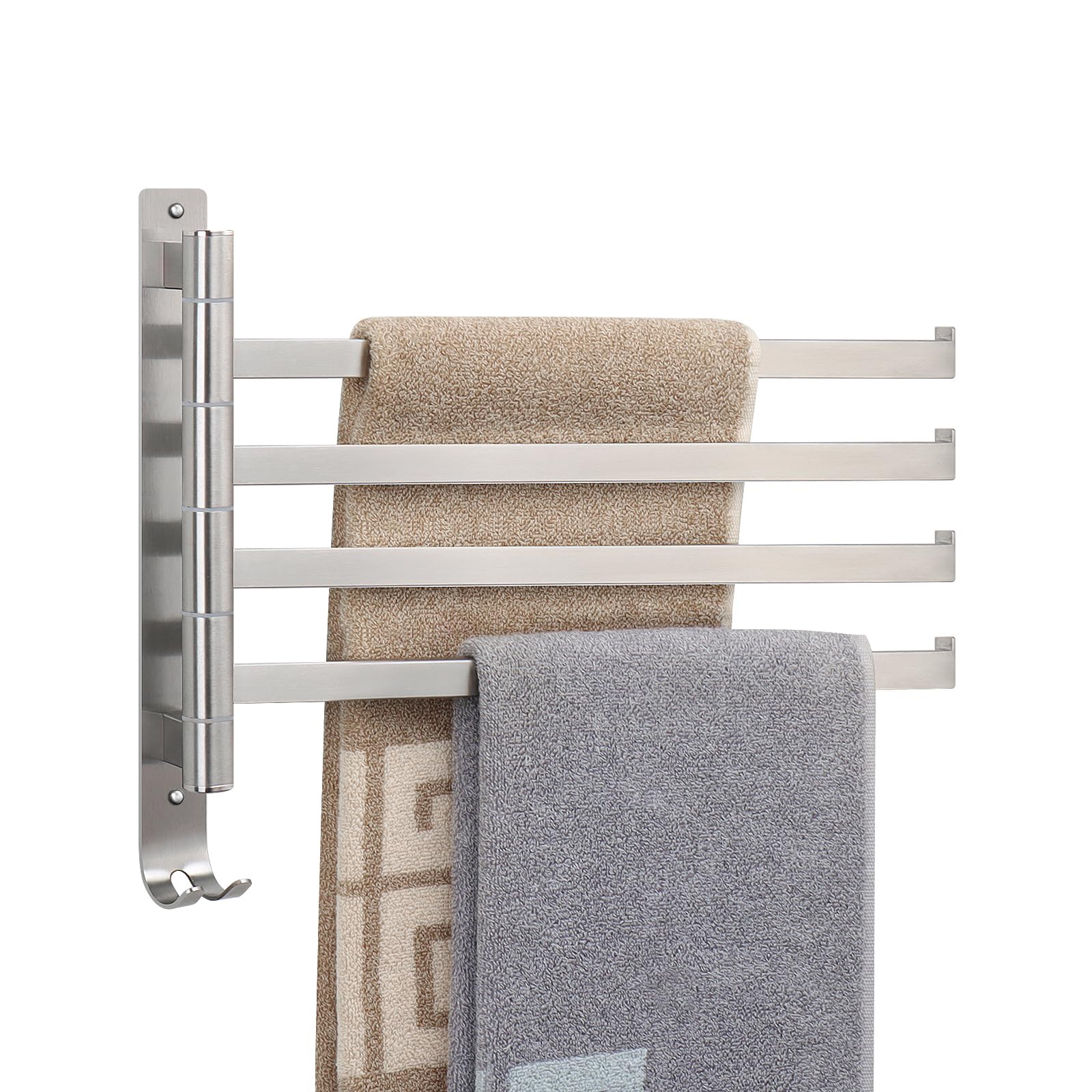 Photo 1 of NearMoon Swivel Towel Rack, 13.8" Thicken 304 Stainless Steel 4-Arm Towel Bar, Space Saving Wall Mounted Towel Holder with Hook, Rustproof Swing Out Towel Hanger for Bathroom, Square (Brushed Nickel)
