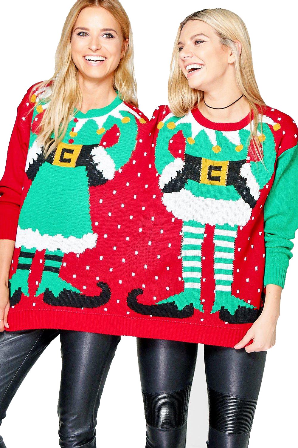 Ladies Mens Mr & Mrs Elf, Naughty & Nice Twin Christmas Jumper (Red - Mr & Mrs Elf, One Size)