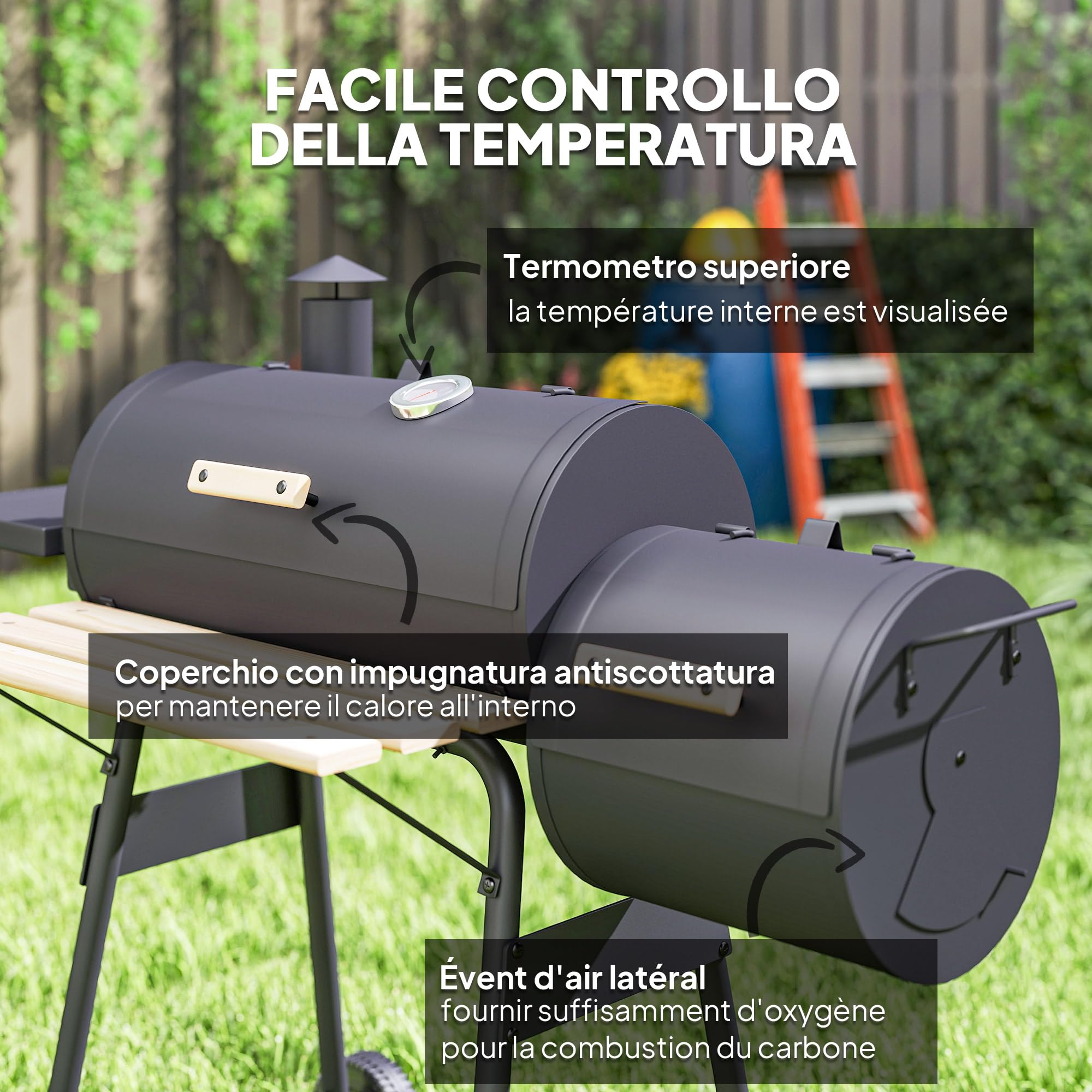 Outsunny Barbecue à charbon fumoir BBQ grill smoker sur pied avec couvercle, roulettes, thermomètre, étagères acier laminé à froid, noir