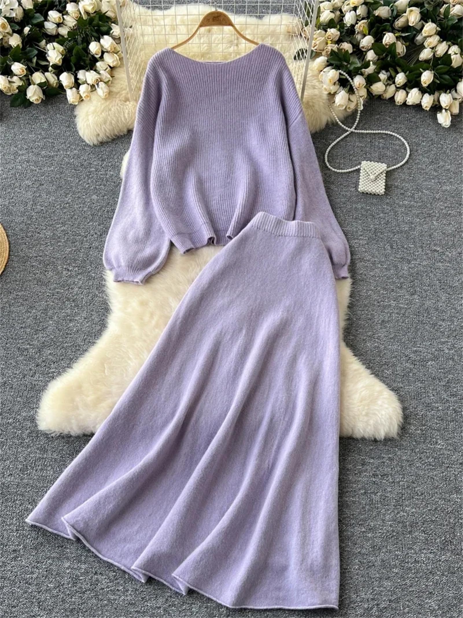 Maglione da donna 2 pezzi set inverno sciolto top + gonna elastica in vita da donna basic gonna abiti casual